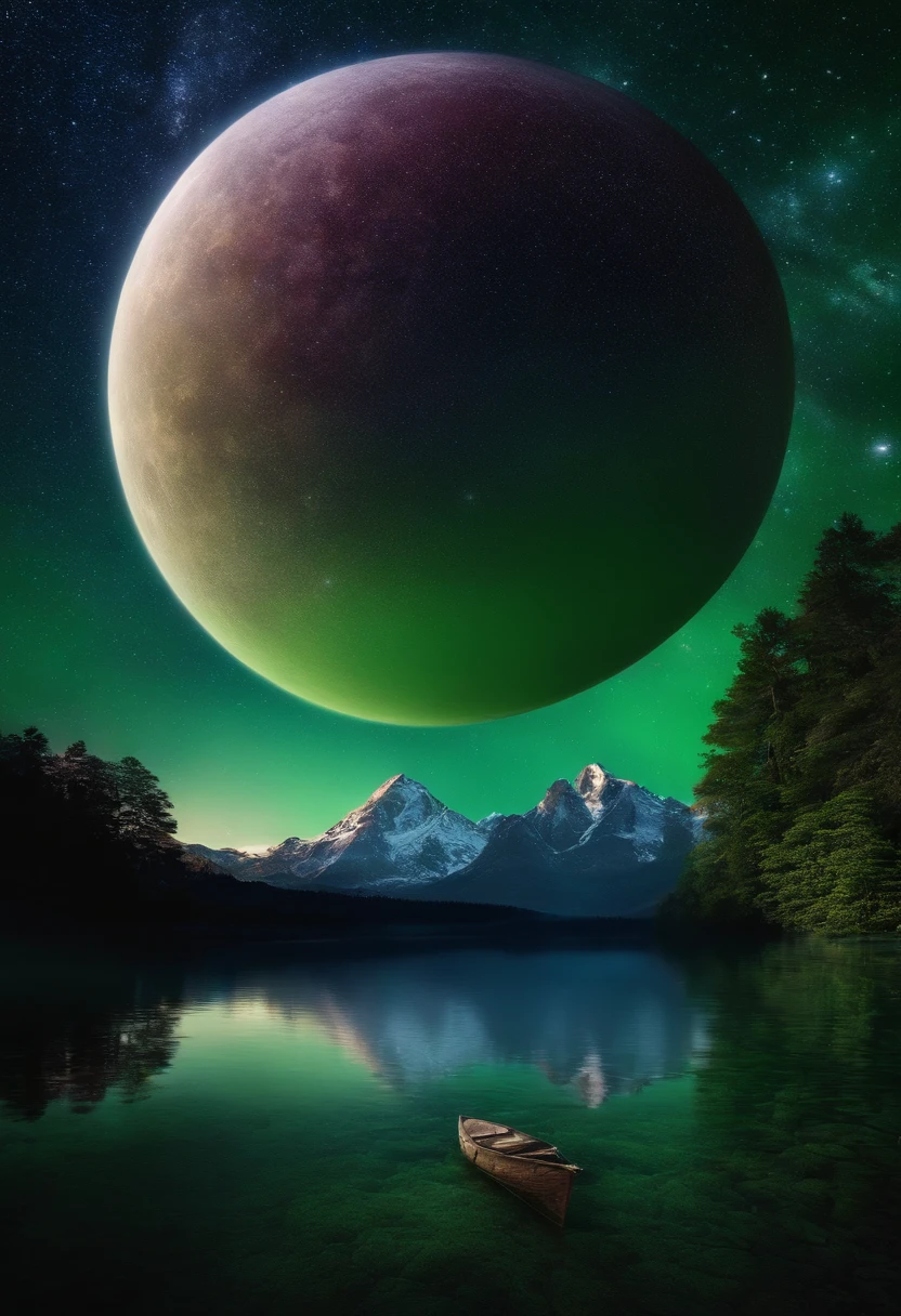 uma garrafa colossal que continha um lago majestoso , Cena muito alta qualidade e muito detalhada , octan render, Starry sky , Sonhos , Lua verde gigante , Vaut from the sky , inspiration, imagination
