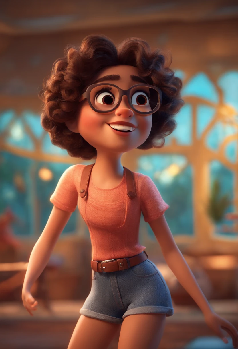 Pixar style image with 3D character white glasses brunette woman short curly hair dancing, Maquiagem Disney,Pescador, bonitinho, sorridente ,Close-up, Pixar, Disney, Cinema lighting,