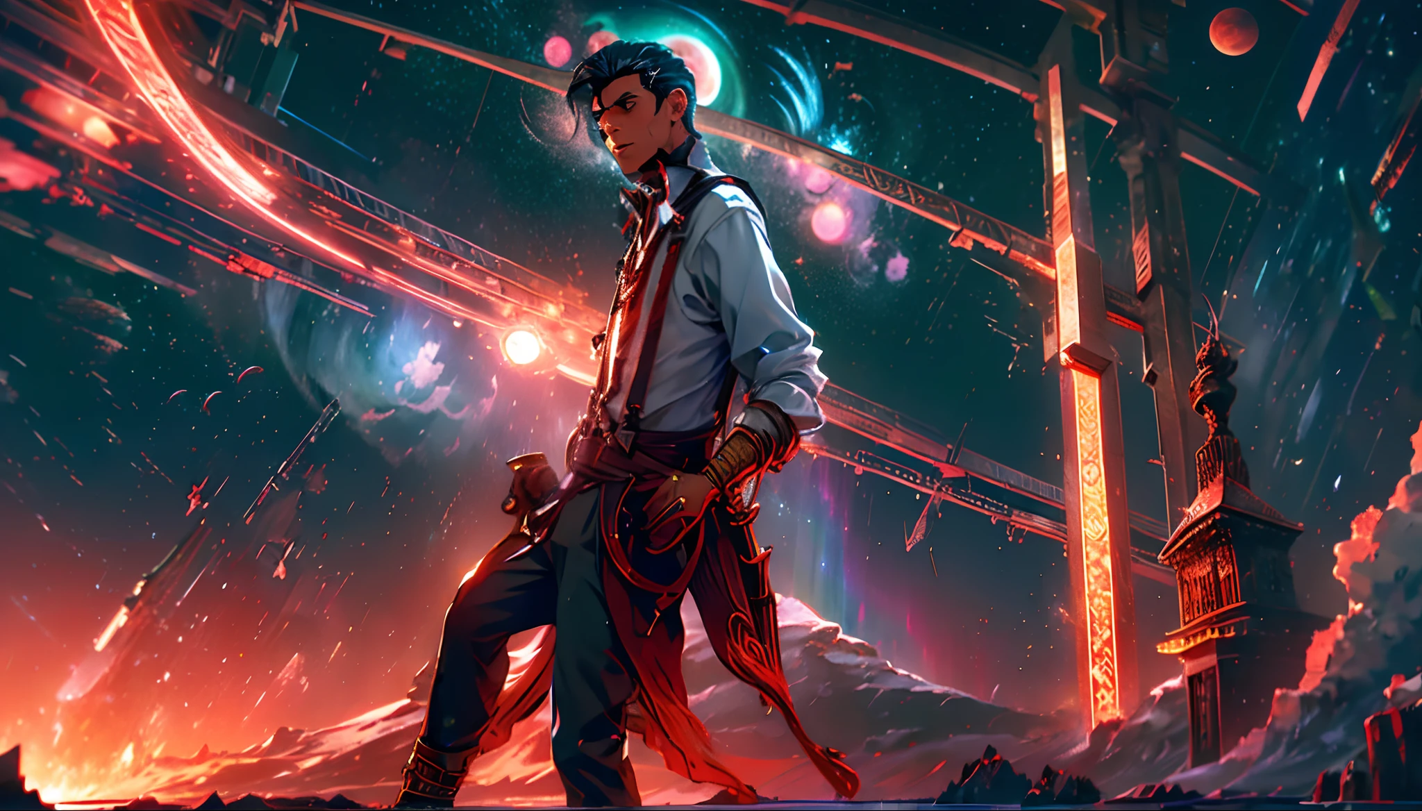 Starry sky over the sea，Great Blood Moon，Giant whales，Meteors streak across，aurora borealis，middle parted hairstyle，Suspenders，Boy student