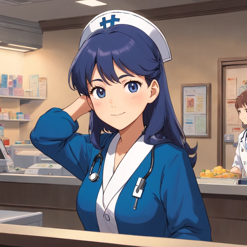 Woman in dark blue cardigan wearing nurse's uniform，Stand at the reception desk of the hospital，Look into the distance，With a smile，Faraway view，Studio Ghibli