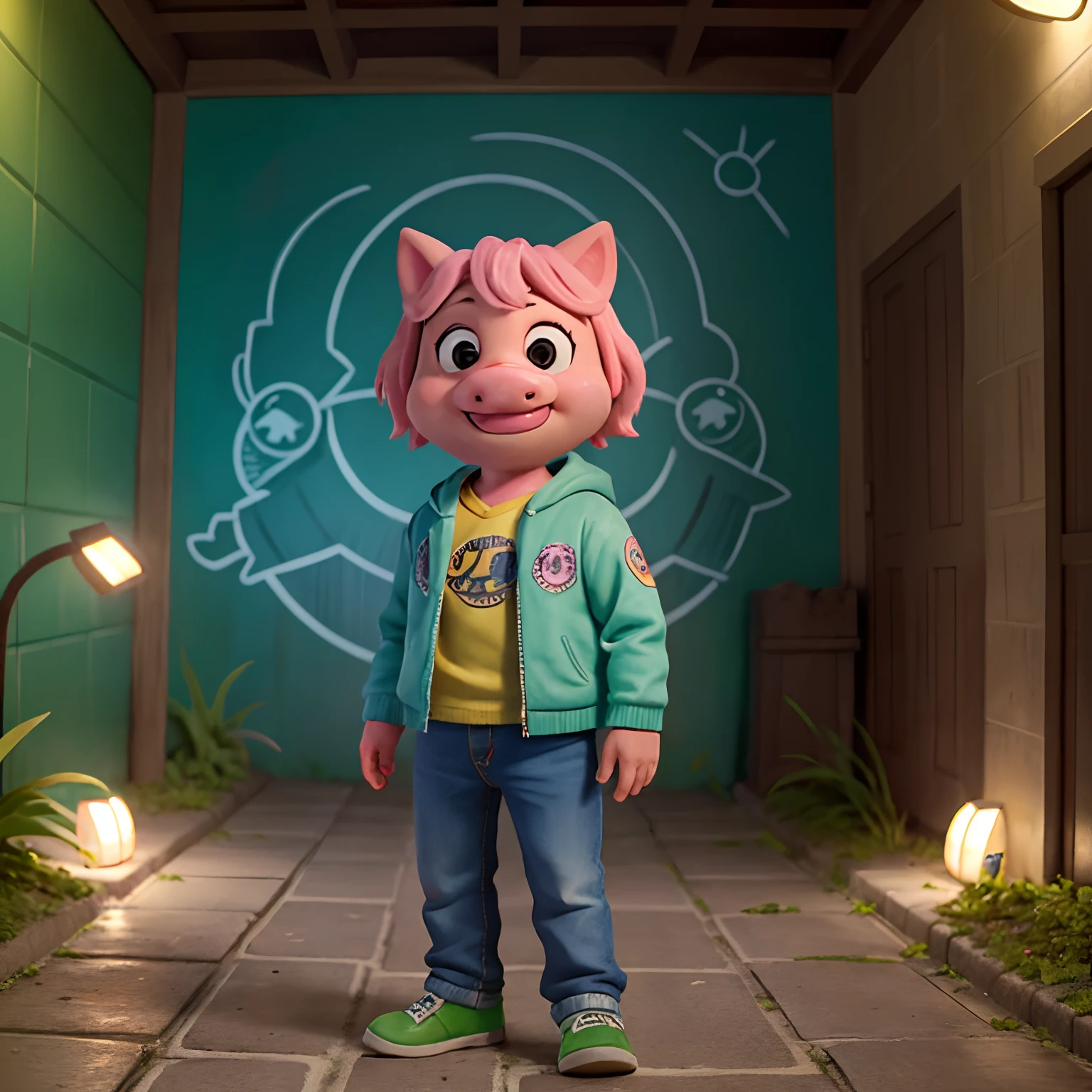 foto de uma parede escura,pig,frog, Grafite Urbano , Cinematic light, (master part:1.3), (intrincado:1), best quality
