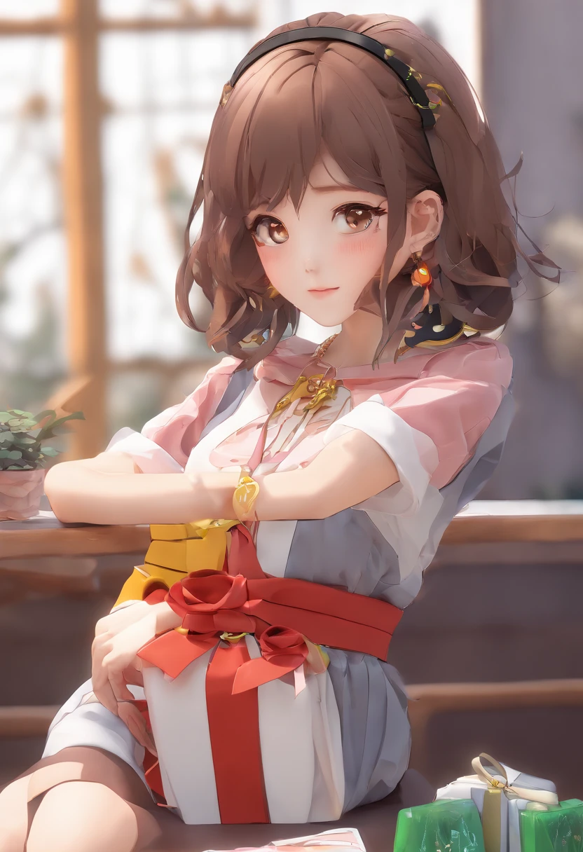 1girll, anime_Coloring, black_Eyes, black_mitts, brown_Hair, choker necklace, Earrings, mitts, jewelry, letterboxed, mimic, short_Hair, Smile, Solo, Style_mimic,