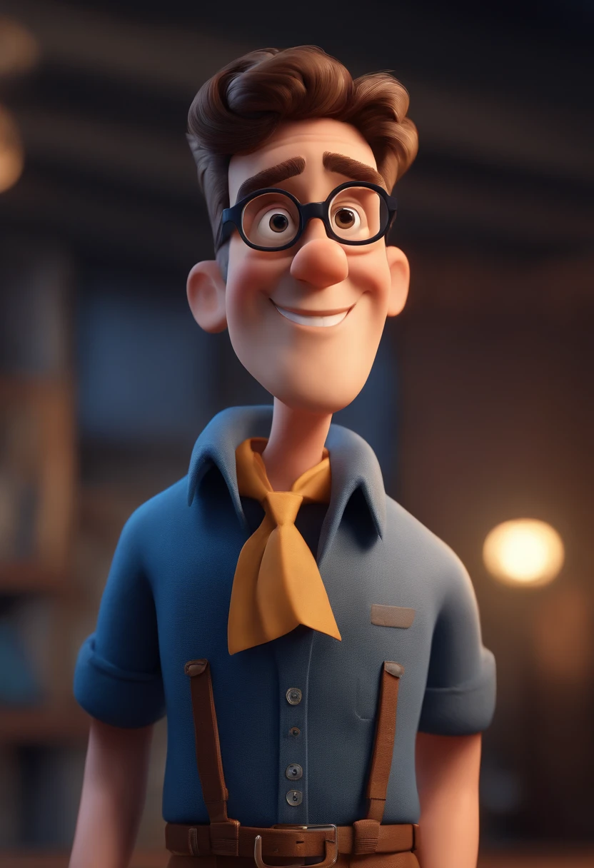 Cartoon character of a man with black glasses and a blue shirt, animation character, Caractere estilizado, animation style rendering, 3D estilizado, Arnold Maya render, 3 d render stylized, toon render keyshot, Personagem 3D, Personagem 3D, 3d rendering stylized, 3 d character render, personagem de desenho animado, Personagem de close up, Pose de personagem, (Estilo Pixar) (master part:1.2) (Bokeh) (best quality) (pele detalhada) (textura detalhada) (8k) (argila) (Cinematic lighting) (foco nítido