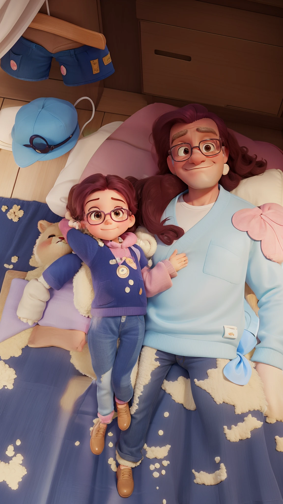 Marina is a 3--old l with pink hair and brown eyes. She's wearing a blue T-shirt and white shorts...... She's hugging her father, um homem alto, nem magro nem gordo, with a shaved head, wearing prescription glasses and a very large beard. Marina's father is a very kind and loving man. He's always there for her, No matter what happens. Marina loves her father very much and is always happy when she is with him. Marina hugs her father tightly and says she loves him. Her father hugs her back and says he loves her very much too.. They hug for a while, apenas curtindo a companhia um do outro. Marina feels safe and loved when she is with her father. Ela sabe que sempre pode contar com ele para tudo. She is so grateful to have such a wonderful father.