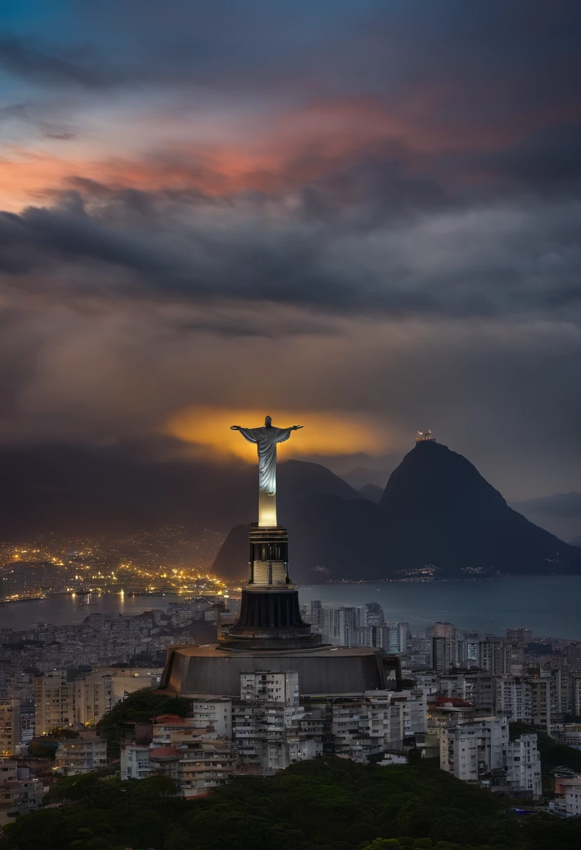 ferrari preta, no fundo da imagem o cristo redentor do rio de janeiro. dia chuvoso, nuvens, raios.
