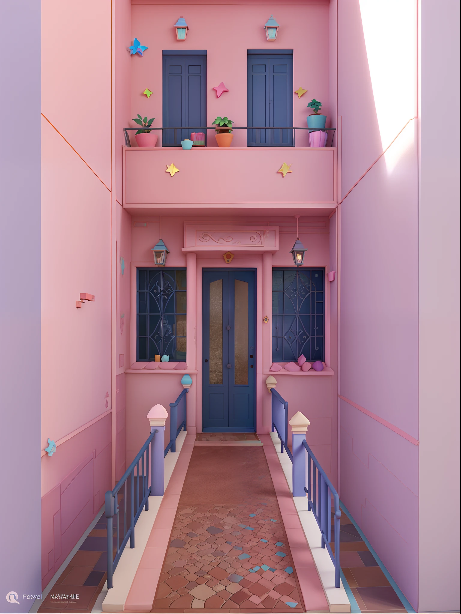 Facade of low-rise building, pixar disney picture, Pale light pink painted walls, janelas e portas na cor azul escuro, brown tile flooring shards, alta qualidade, melhor qualidade, animification, animification, pixar, fun, fofo