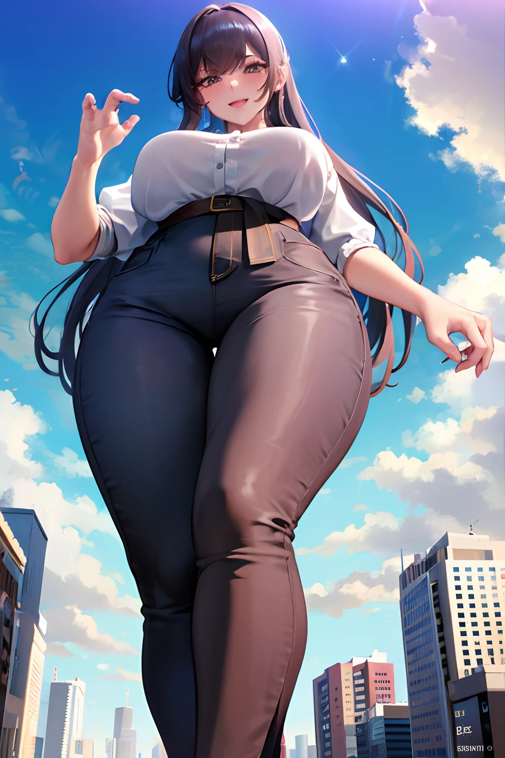 ((huge, giantess gorgeous pretty colombian woman with rounded ass and big tits:1)), in jeans, s standing near a tiny skyscraper,(the) in tiny city barely reaching her waist,(the) skyscraper looking like a miniature toy in comparison to her,(a) woman with a confident and powerful pose,(a) woman emanating a mesmerizing aura,(a) woman with a radiant smile,(a) woman casting a majestic shadow,(a)
