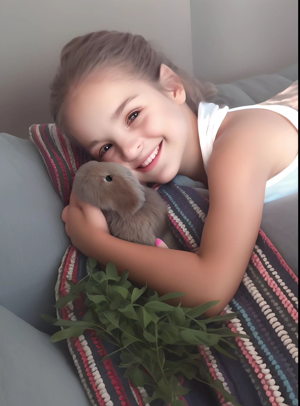 giant easter bunny costume monster carries faint limp topless beautiful horny aroused bikini young teen girl in his arms embrace sitting on lap kissing