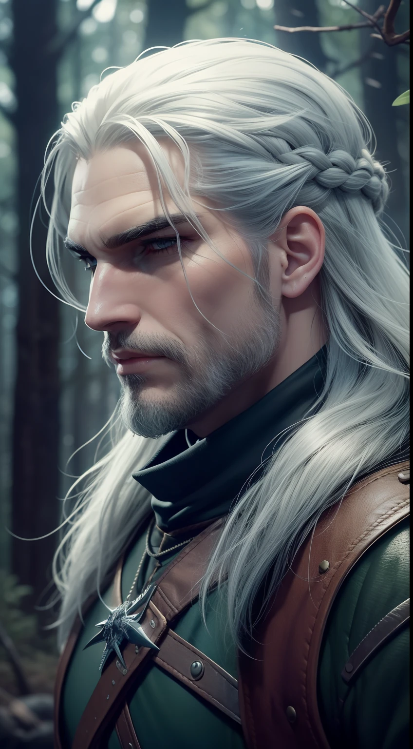 Geralt de Rivia, a hunter of legendary monsters, is in a forest and dense. Sunlight shines through the treetops, criando raios de luz que iluminam o caminho de Geralt. He's wearing his iconic ((armadura de couro preto))., decked out with metal details and insignia from his guild. Her long white hair is stuck in a braid, ((barba curta)) enquanto seus olhos amarelos mostram a espiritualidade de um verdadeiro Witcher. The atmosphere is tense and dangerous, conveying the feeling that a confrontation is about to happen. illustration, Estilo realista, using shading and texturing techniques, --AR 16:9 --V 5.