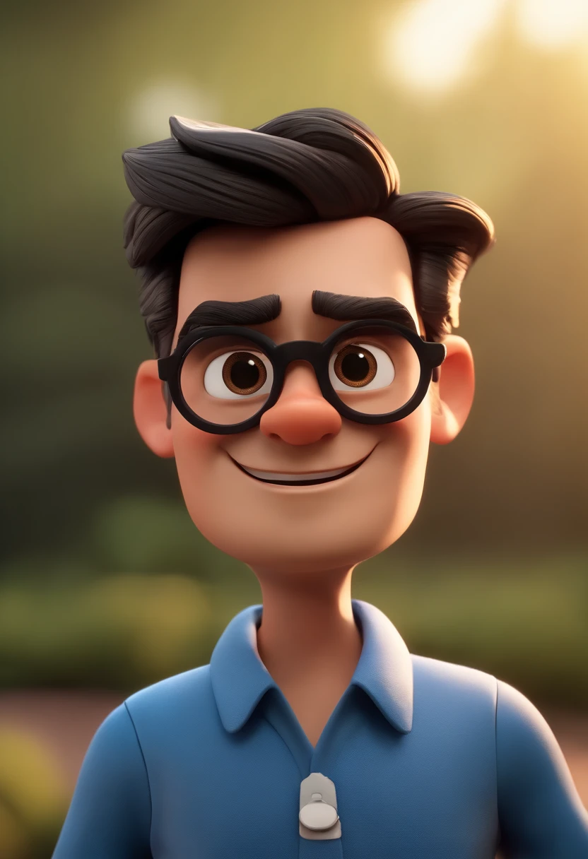 Cartoon character of a man wearing black glasses and a blue shirt, um personagem animado, Caractere estilizado, animation style rendering, 3D estilizado, Arnold Maya render, 3 d render stylized, toon render keyshot, Personagem 3D, Personagem 3D, 3d rendering stylized, 3 d character render, personagem de desenho animado, Personagem de close up, Pose de personagem, (Estilo Pixar) (master part:1.2) (Bokeh) (best quality) (pele detalhada) (textura detalhada) (8k) (argila) (Cinematic lighting) (foco nítido,Senta e vaza a parte superior do corpo