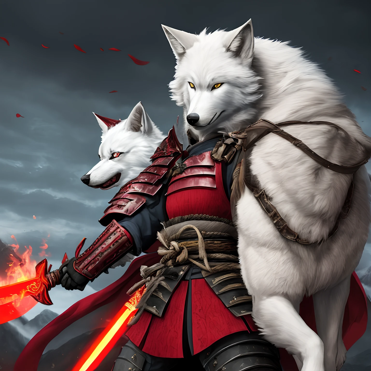 A samurai with black armor, and a oni mask along with a red sword with one big white wolf behind her