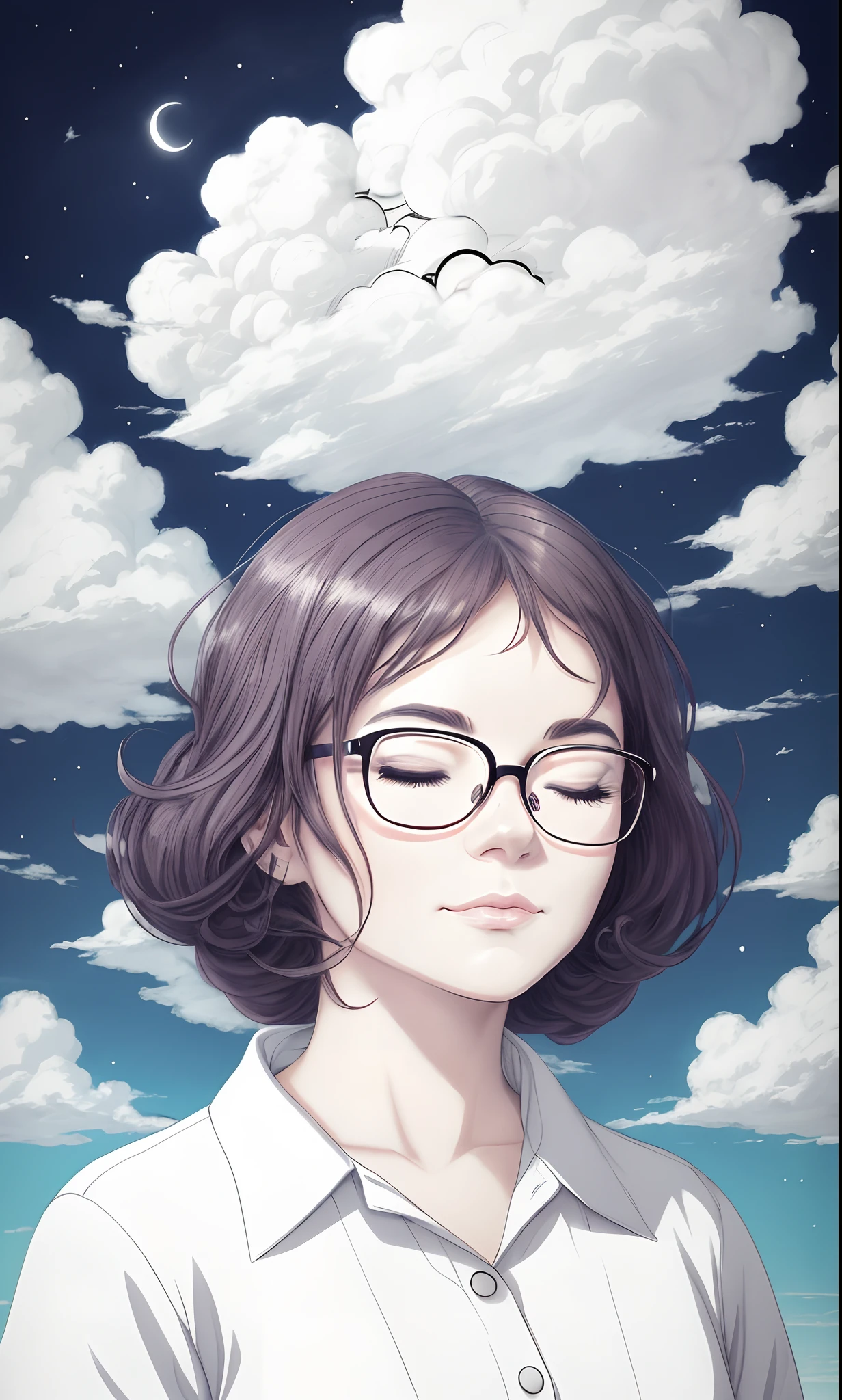 drawing of a woman with glasses and a cat on her face, cloudy eyes, girl clouds, sketch of a lucid dream, face in the clouds, eyes half closed, cloud goddess, covered in clouds, eyes closed or not visible, dreamworks animated bjork, anime clouds, with closed eyes, she has tired eyes, face made out of clouds, 3rd eye