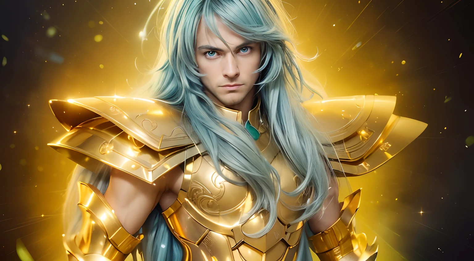 (masterpiece), (realistic) , close up portrait of a man, (male), 35 years old, Swedish, (1boy), solo, serious, looking at viewer, pretty handsome man, ((pretty big blue eyes), wearing an medieval armor, (full body armor), (golden armor), chrome gold, (detailed armor), (ornate armor), long straight ight blue hair, (hair blowing in wind), (hair bangs), upper body, cosmic golden rain background, cinematic lighting, ((beardless)) ((perfect big green eyes)).