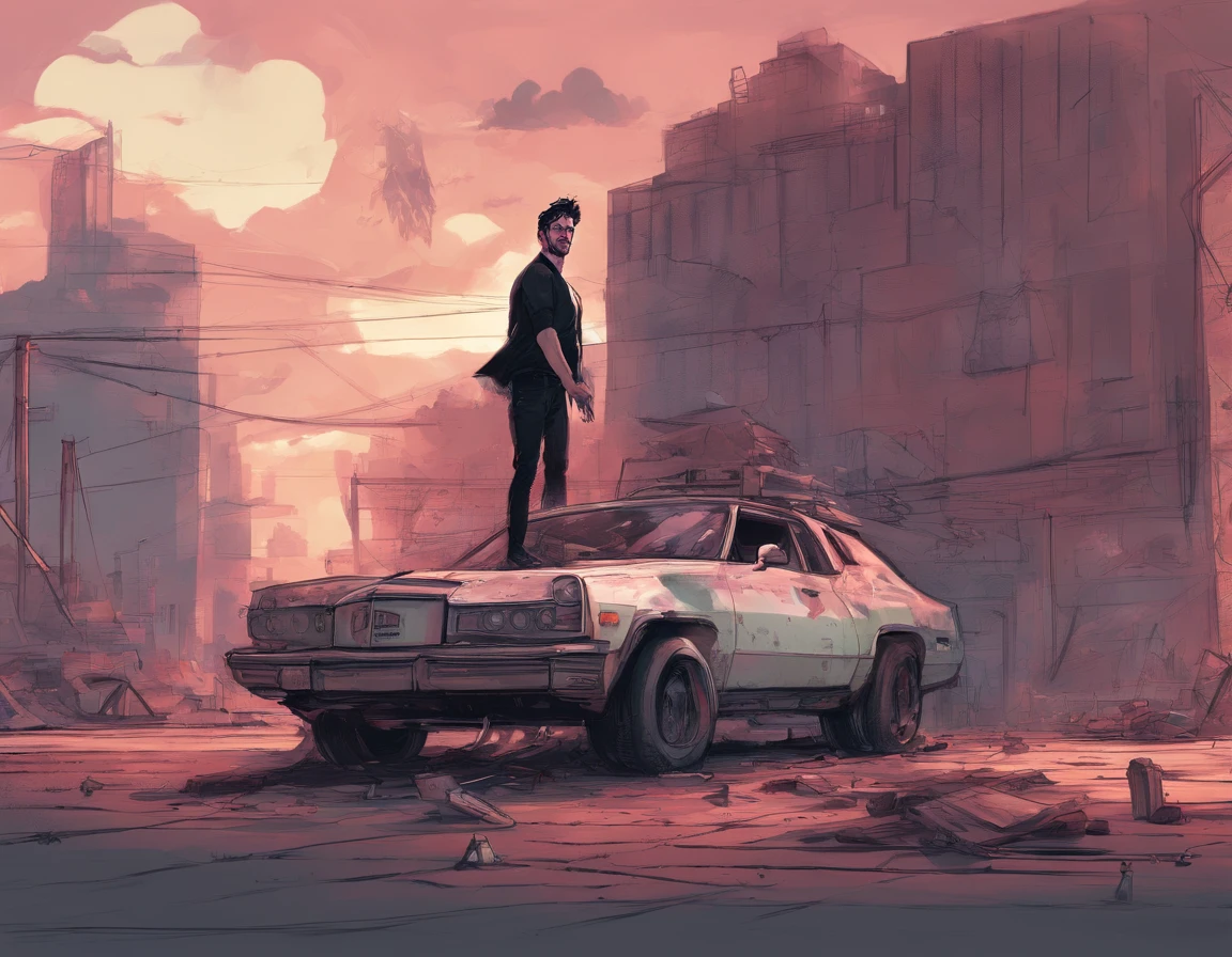 Markiplier being a giant and slowly stepping down on a car with his toe from a lowered perspective while grabbing on a building with one hand and with the other on his hip whiles his underwear are tearing to the limits