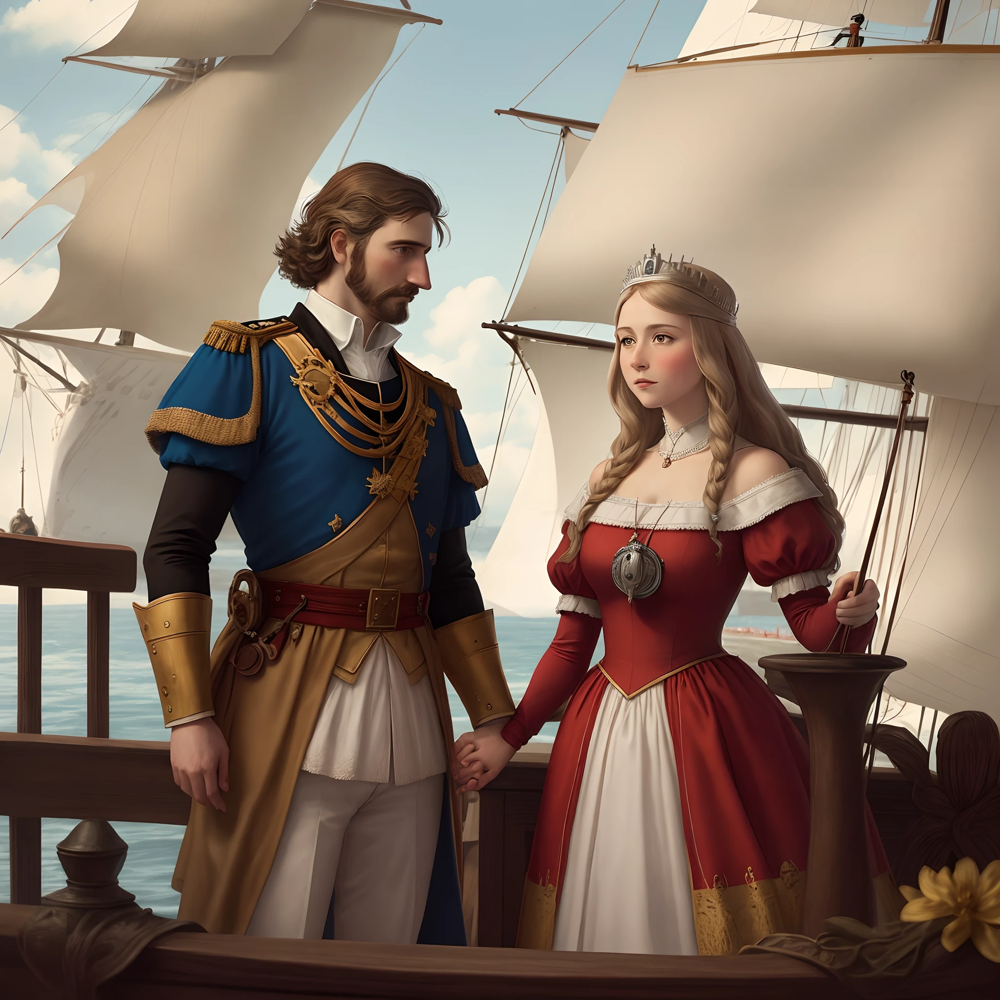 King Ferdinand and Queen Isabella watching Columbus sail away