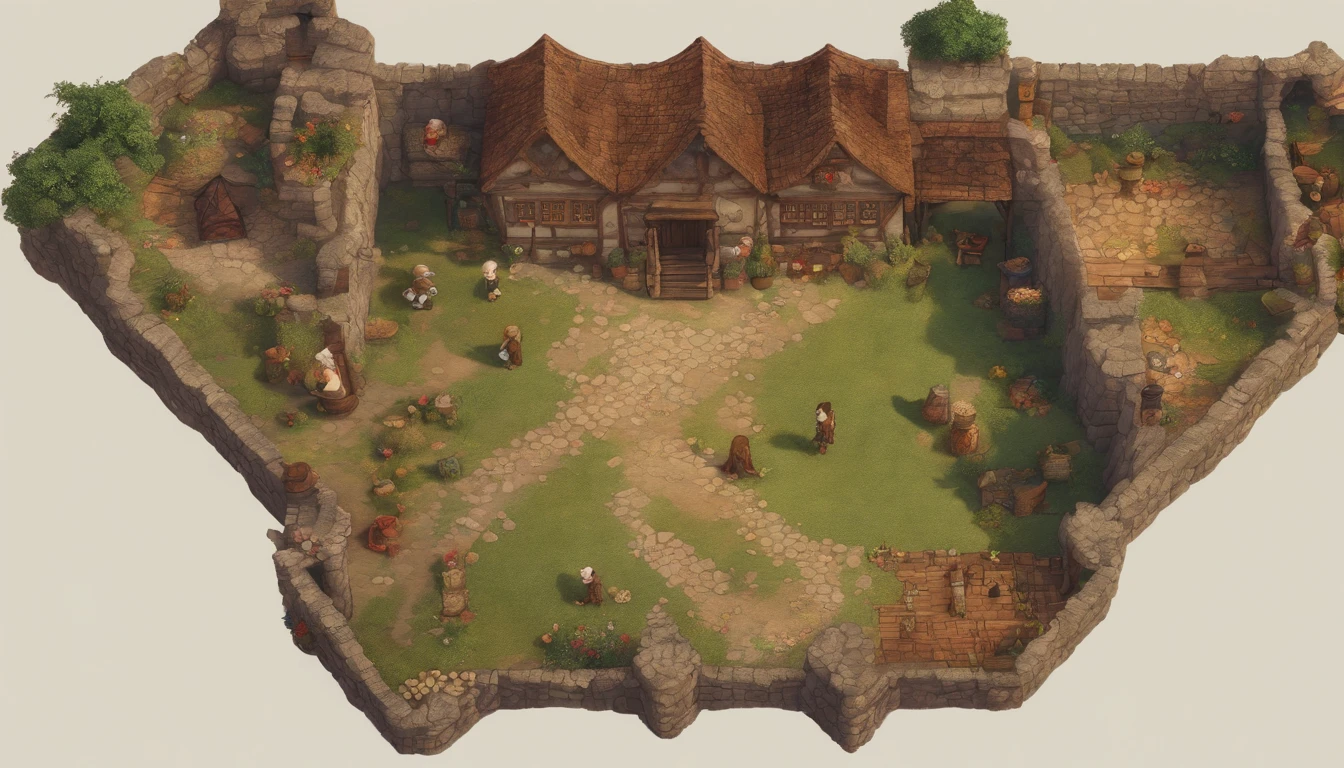 Bird's Eye Straight Top-Down Shot from a Drone, Bright Breakfast Tavern Battle Map, Dungeon and Dragon, Final Fantasy, game art, (Coherent architecture and interior, With realistic proportions and textures, Intricate details, handdraw, Vibrant, Cinematic lighting, masutepiece, 8K)