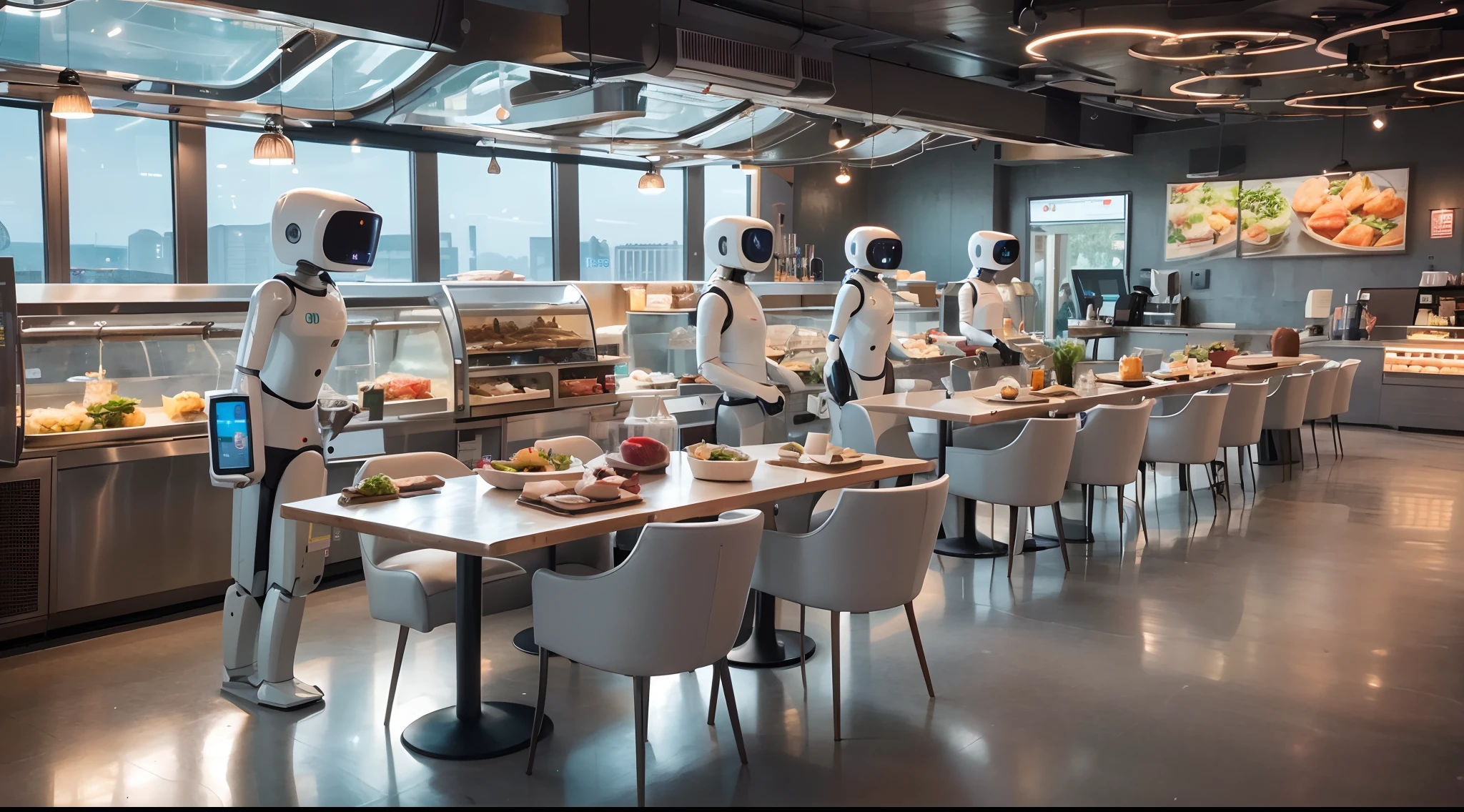 The robot stands in a restaurant with a long table, but futuristic food, service robots, robots queue up for ice cream, robot barkeep, futuristic robotic, The Last Supper realistic robot, The future, cyborgs working, solarpunk cantine, with robotic arms, Humanoid futuristic technology, droid, futuristic robotic