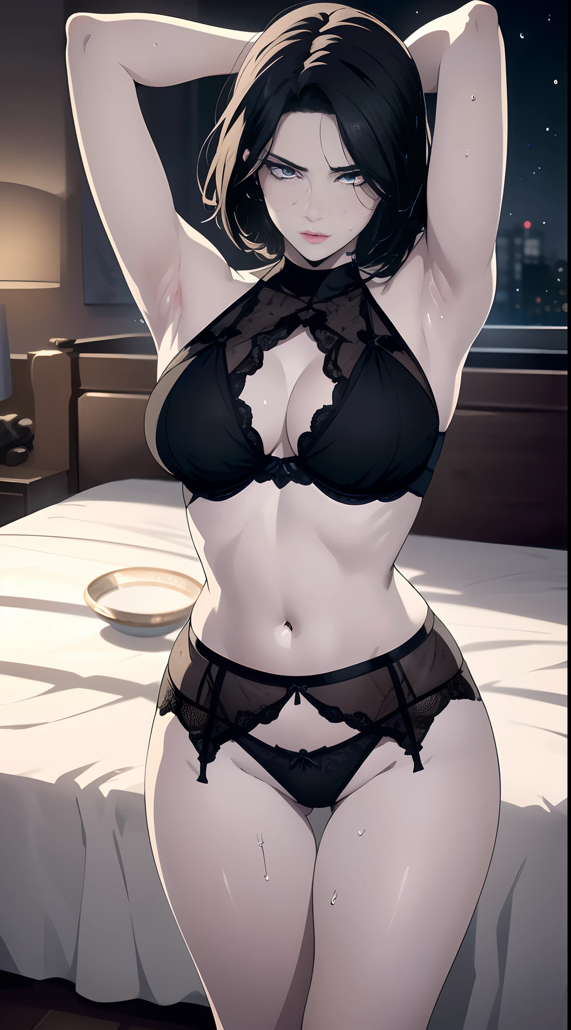 (One Person), (Ultra Realistic Image of a Gorgeous 25 Years Old British Female Model), (Wavy Bobcut Black Hair:1.2), (Pale Skin:1.6), (Detailed Oily and Sweaty Skin:1.4), (Wearing a Black Lingerie:1.4), (Busty Cup Size:1.6), (Dynamic Pose:1.4), (Open Legs:1.2), (Clean Armpits:1.2), (Dimly Lit Bedroom at Night:1.6), Centered, (Waist-up Shot:1.4), From Above Shot, Insane Details, Intricate Face Detail, Intricate Hand Details, Cinematic Shot and Lighting, Realistic Colors, Masterpiece, Sharp Focus, Ultra Detailed, Taken with DSLR camera, Realistic Photography, Depth of Field, Incredibly Realistic Environment and Scene, Master Composition and Cinematography