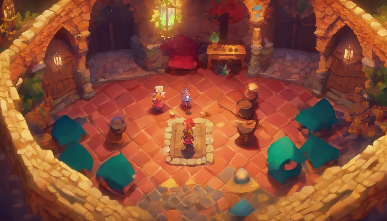 Bird's Eye Straight Top-Down Shot from a Drone, In a colorful room, Game RPG Art, (Coherent architecture and interior, With realistic proportions and textures, Intricate details, handdraw, Vibrant, Cinematic lighting, masutepiece, 8K)