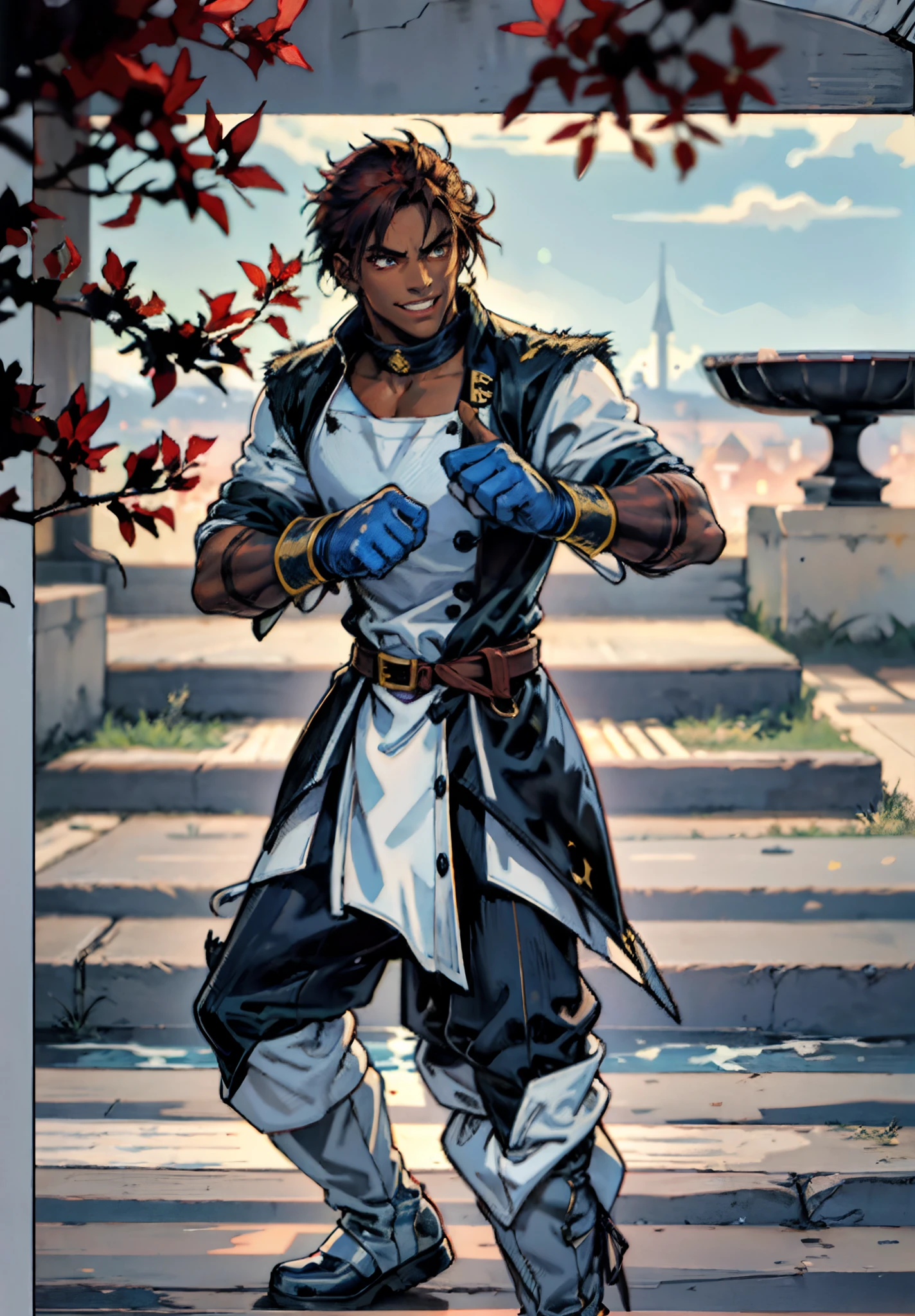 A young man, auburn hair, a center-parted back hairstyle, dark skin, narrow eyes, a cunning smile, a two-piece fantasy-reality style outfit, a white undershirt, a dark formal-style coat, wearing gloves, matching trousers with the outfit, has metallic-adorned knee-high boots, striking a boxing pose, against a background of horizon, this character embodies a finely crafted fantasy-reality style fighter in anime style, characterized by an exquisite and mature manga illustration art style, high definition, best quality, highres, ultra-detailed, ultra-fine painting, extremely delicate, professional, anatomically correct, symmetrical face, extremely detailed eyes and face, high quality eyes, creativity, RAW photo, UHD, 8k, Natural light, cinematic lighting, masterpiece-anatomy-perfect, masterpiece:1.5, tan skin