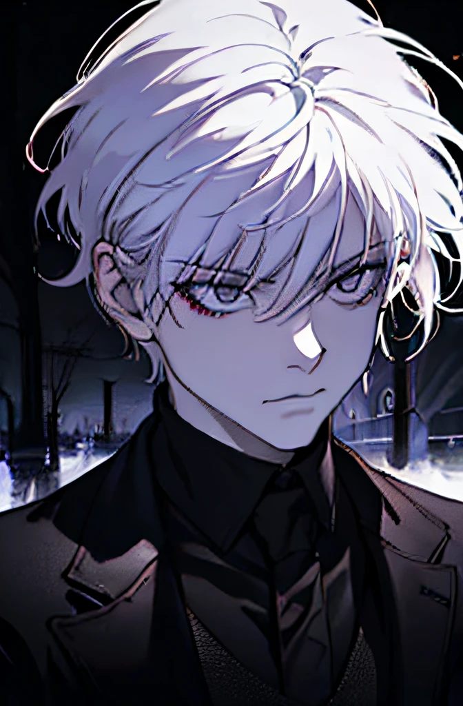 (best quality,realistic:1.37),portrait,dark lighting,long white hair,macabre black eyes,scary,red scar on right eye,intense emotions,18-year-old boy,gothic style,cryptic background,detailed facial expression,vivid colors