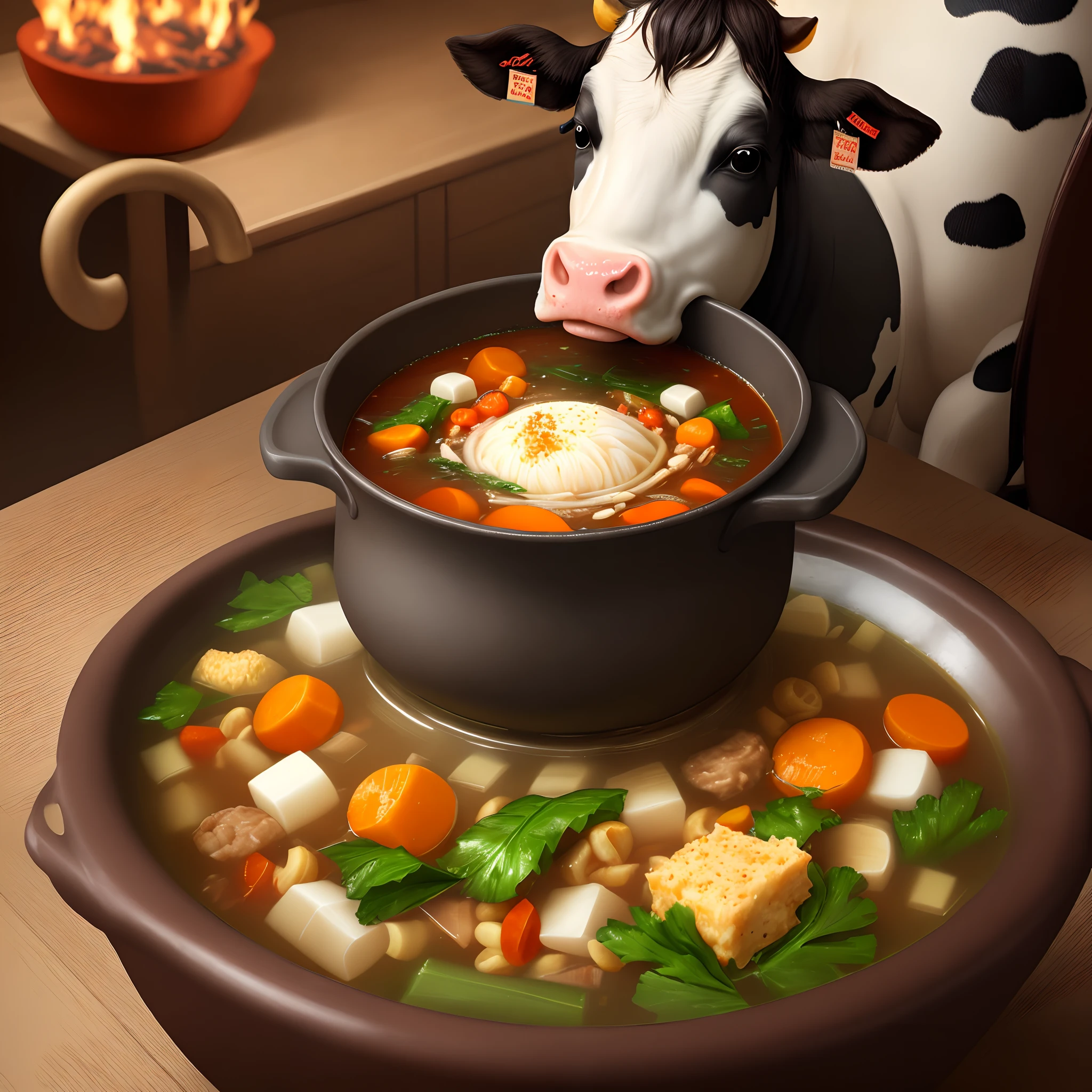 Cow eating cauldron of soup