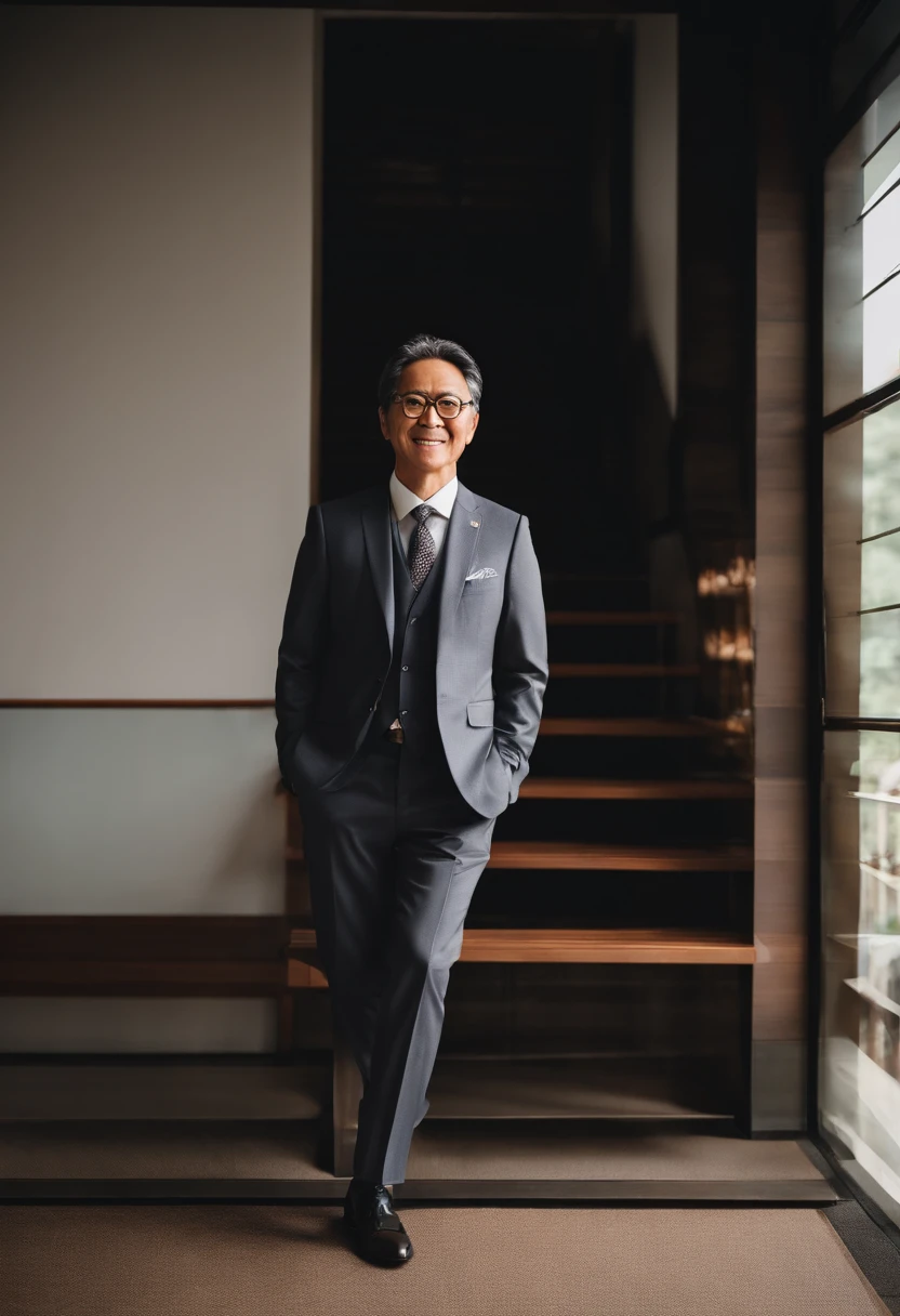 japanese male、40 years、Business suits、eye glasses、ssmile、simple background、facing front、Portrait