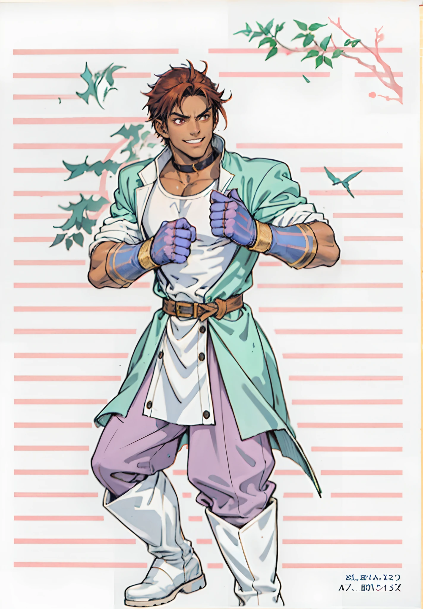 A young man, auburn hair, a center-parted back hairstyle, dark skin, narrow eyes, a cunning smile, a two-piece fantasy-reality style outfit, a white undershirt, a dark formal-style coat, wearing gloves, matching trousers with the outfit, has metallic-adorned knee-high boots, striking a boxing pose, against a background of horizon, this character embodies a finely crafted fantasy-reality style fighter in anime style, characterized by an exquisite and mature manga illustration art style, high definition, best quality, highres, ultra-detailed, ultra-fine painting, extremely delicate, professional, anatomically correct, symmetrical face, extremely detailed eyes and face, high quality eyes, creativity, RAW photo, UHD, 8k, Natural light, cinematic lighting, masterpiece-anatomy-perfect, masterpiece:1.5, tan skin