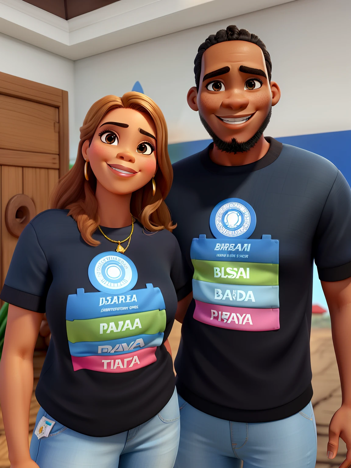 uma mulher brasileira branca de cabelos lisos, ao lado de um homem africano, ambos sorridentes, no estilo disney pixar, alta qualidade, highes definition