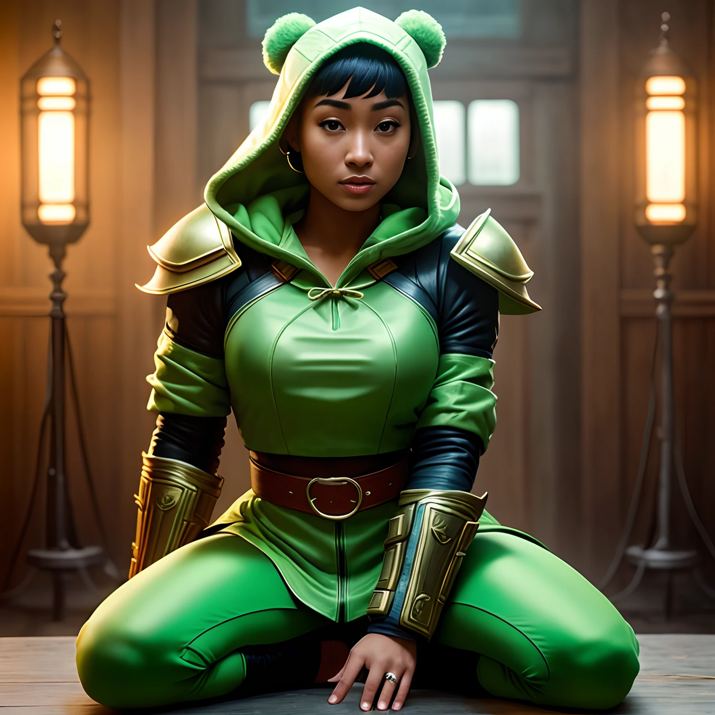 The cinematic soft lighting illuminates an incredibly detailed and ultra-realistic close-up of Tati Gabrielle in a green outfit with a hood attached, Mortal Kombat 11, Jade de mortal kombat, em mortal kombat, MK Ninja, usando armadura verde e capacete, Akali, Fujin, that is trending on ArtStation. Octane is the perfect tool to capture the softest details of this 16k photography masterpiece