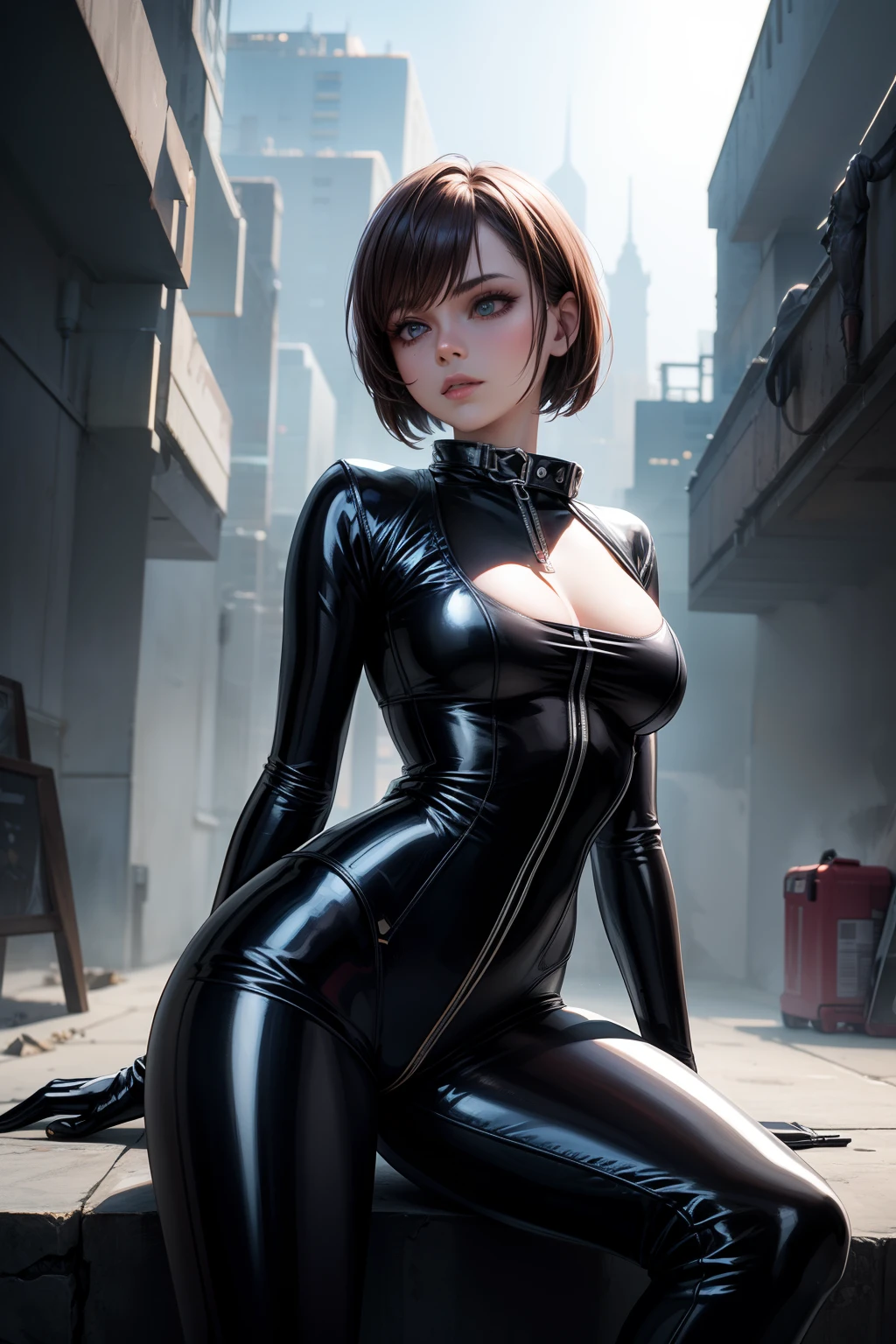 solo, super fine photo, portrait digital art Unreal Engine 5 8K UHD of a girl, concept art, character concept design, fetish clothing, rubber clothes, wearing white latex bodysuit with straps and belts, long black latex gloves with straps, latex high heels, short hair, seducing face, cyberpunk fashion design, sitting in futuristic park, fantasy background, best quality, masterpiece, super detailed, sharp focus, female pose