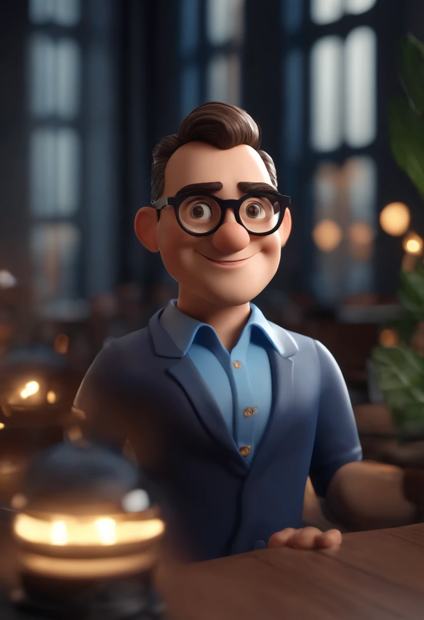 Cartoon character of a man wearing black glasses and a blue shirt, um personagem animado, Caractere estilizado, animation style rendering, 3D estilizado, Arnold Maya render, 3 d render stylized, toon render keyshot, Personagem 3D, Personagem 3D, 3d rendering stylized, 3 d character render, personagem de desenho animado, Personagem de close up, Pose de personagem, (Estilo Pixar) (master part:1.2) (Bokeh) (best quality) (pele detalhada) (textura detalhada) (8k) (argila) (Cinematic lighting) (foco nítido，Senta e vaza a parte superior do corpo