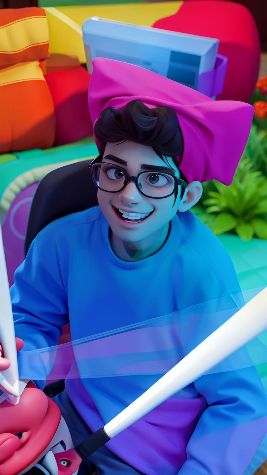 obra-prima, alta qualidade melhor qualidade, 1 garoto, branco, cabelo preto, moletom preto, olhos castanhos escuros, wearing prescription glasses, playing video games.