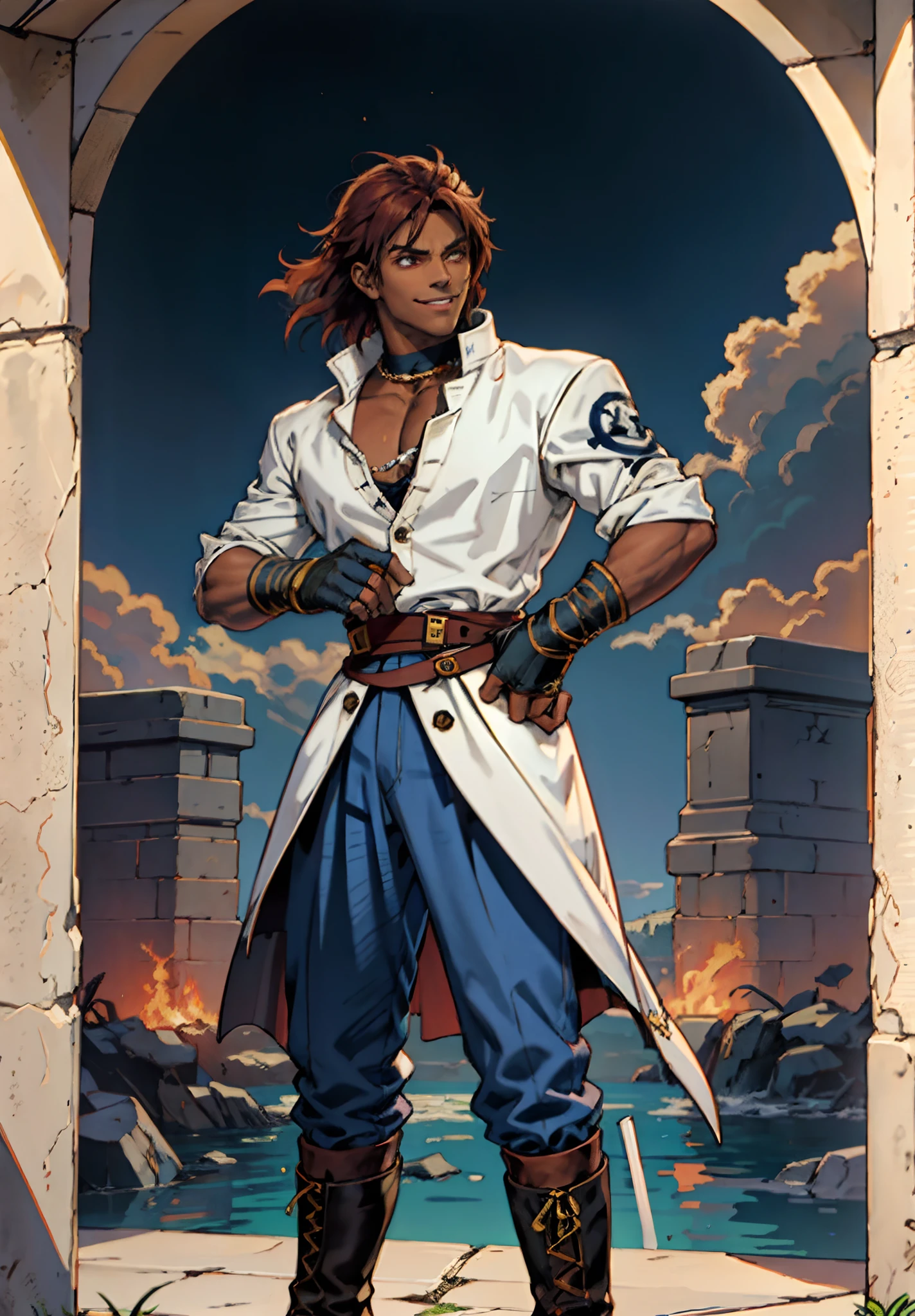 A young man, auburn hair, a center-parted back hairstyle, dark skin, narrow eyes, a cunning smile, a two-piece fantasy-reality style outfit, a white undershirt, a dark formal-style coat, wearing gloves, matching trousers with the outfit, has metallic-adorned knee-high boots, striking a boxing pose, against a background of horizon, this character embodies a finely crafted fantasy-reality style fighter in anime style, characterized by an exquisite and mature manga illustration art style, high definition, best quality, highres, ultra-detailed, ultra-fine painting, extremely delicate, professional, anatomically correct, symmetrical face, extremely detailed eyes and face, high quality eyes, creativity, RAW photo, UHD, 8k, Natural light, cinematic lighting, masterpiece-anatomy-perfect, masterpiece:1.5, tan skin