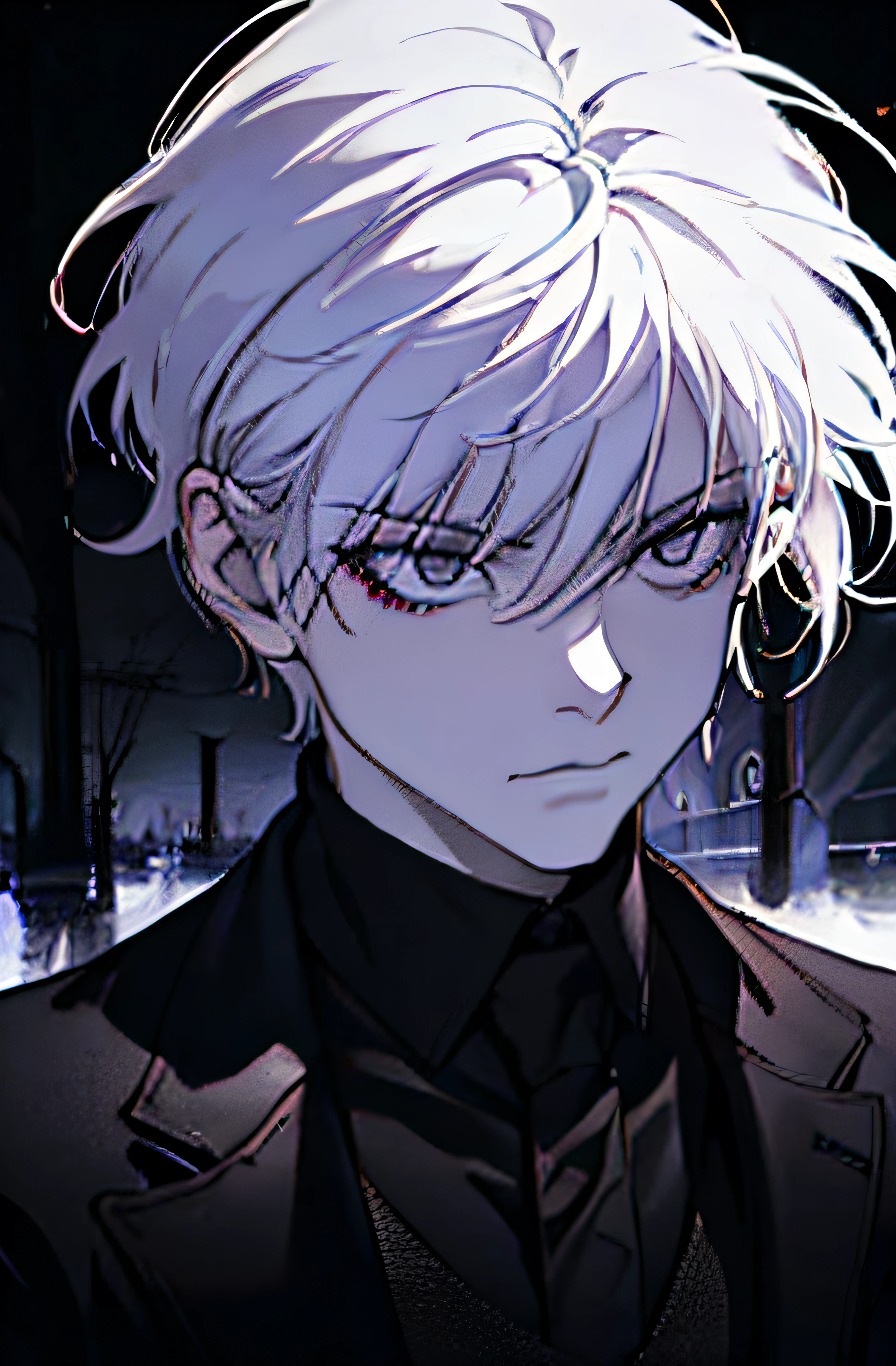 (best quality,realistic:1.37),portrait,dark lighting,long white hair,macabre black eyes,scary,red scar on right eye,intense emotions,18-year-old boy,gothic style,cryptic background,detailed facial expression,vivid colors