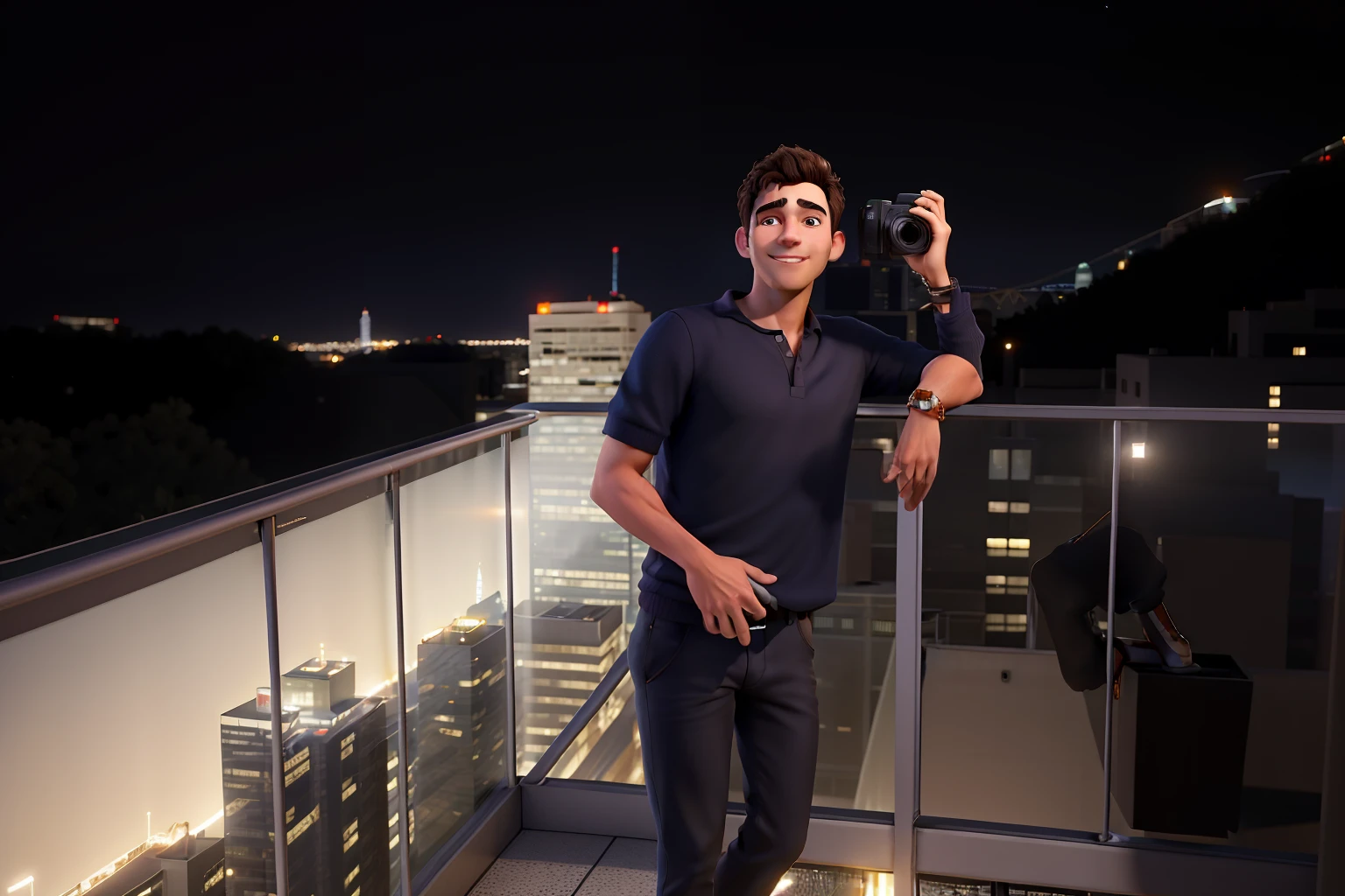 Arafed brunette man standing on a balcony with a camera in hand, na cobertura, standing on a skyscraper rooftop, at night time, photo taken at night, standing on roof, on the terrace, com uma cidade em segundo plano, Retrato no meio da foto