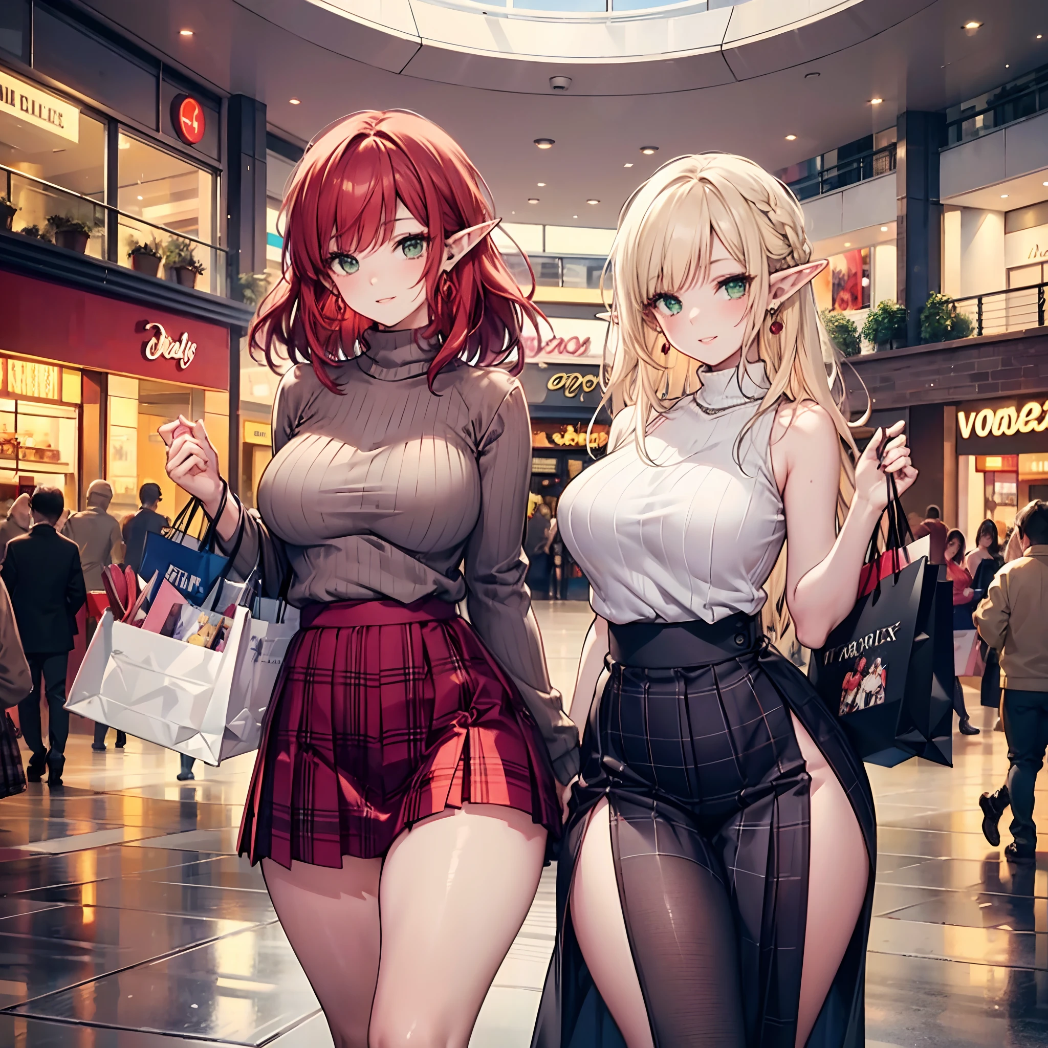 Realistic and detailed image of an elf. Dressed in a long sweater, sleeveless, no neckline. Pleated plaid mini skirt. Unusually shiny long silky scarlet red hair. green eyes. She has earrings and long eyelashes. Has full lips. Large breasts, slim waist, very wide hips and thick thighs. Smiling. Arched back. Posing sensually. Shopping. Shopping mall. Volumetric light. Ambient light.