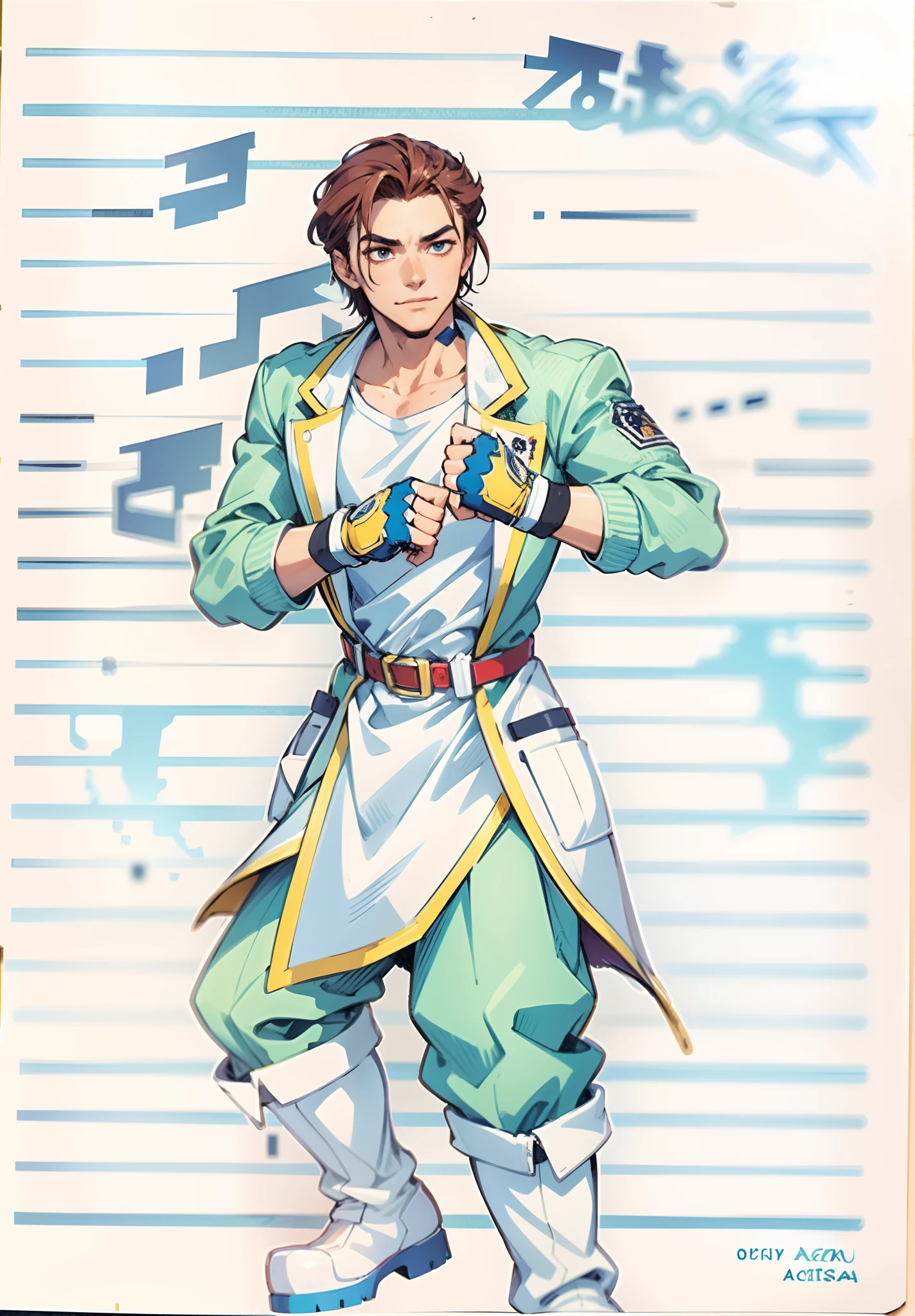 A young man, auburn hair, a center-parted back hairstyle, dark skin, narrow eyes, a cunning smile, a two-piece fantasy-reality style outfit, a white undershirt, a dark formal-style coat, wearing gloves, matching trousers with the outfit, has metallic-adorned knee-high boots, striking a boxing pose, against a background of horizon, this character embodies a finely crafted fantasy-reality style fighter in anime style, characterized by an exquisite and mature manga illustration art style, high definition, best quality, highres, ultra-detailed, ultra-fine painting, extremely delicate, professional, anatomically correct, symmetrical face, extremely detailed eyes and face, high quality eyes, creativity, RAW photo, UHD, 8k, Natural light, cinematic lighting, masterpiece-anatomy-perfect, masterpiece:1.5