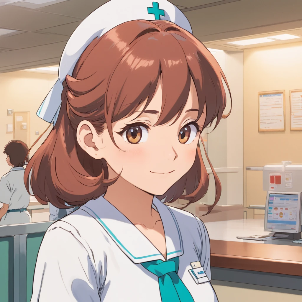 Woman in a cardigan in a nurse's uniform,Young face,Stand at the reception desk of the hospital,Look into the distance,With a smile,Faraway view,Studio Ghibli