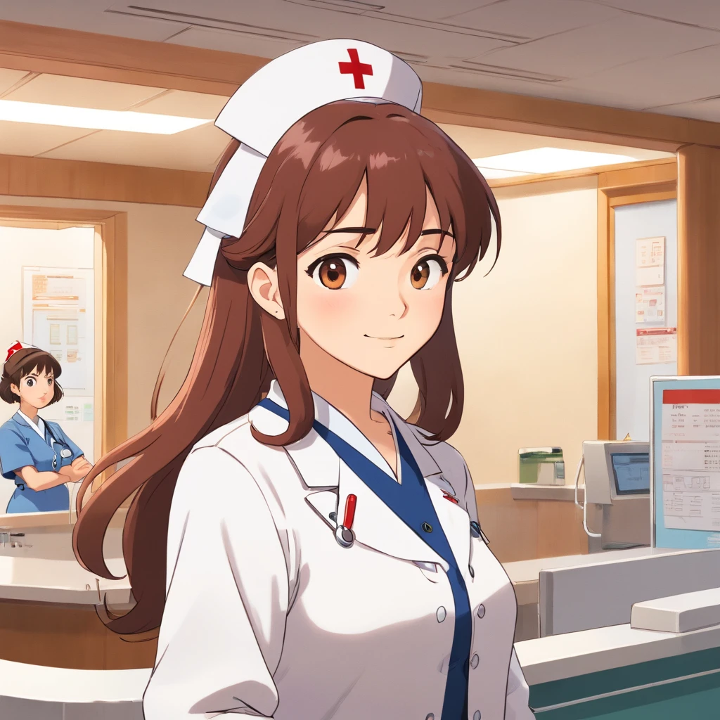 Woman in a cardigan in a nurse's uniform,Young face,Stand at the reception desk of the hospital,Look into the distance,With a smile,Faraway view,Studio Ghibli