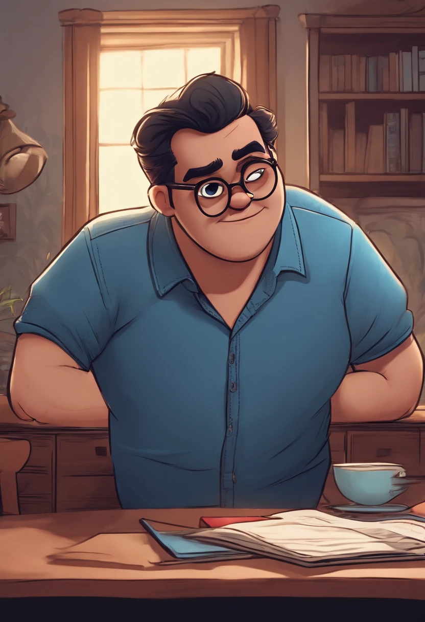 Cartoon character of a man with black glasses and a blue shirt, animation character, Caractere estilizado, Pixar Style animation style rendering