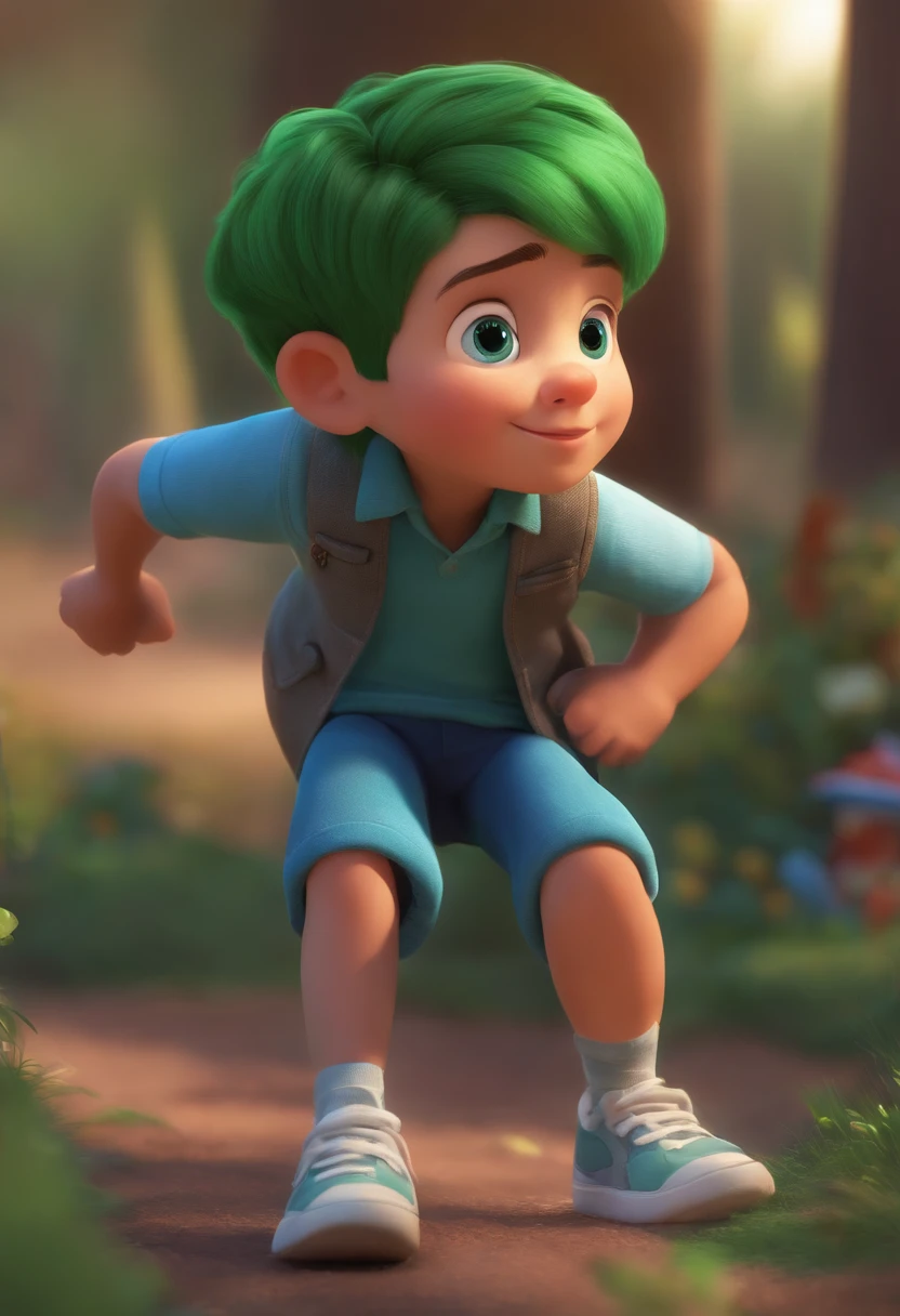 Image of a BOY for a story in a YouTube video in Pixar format, He's the little allabester, He's the class leader, He's outgoing, Playful and gets up for a lot of things, cabelo curto, olhos verdes