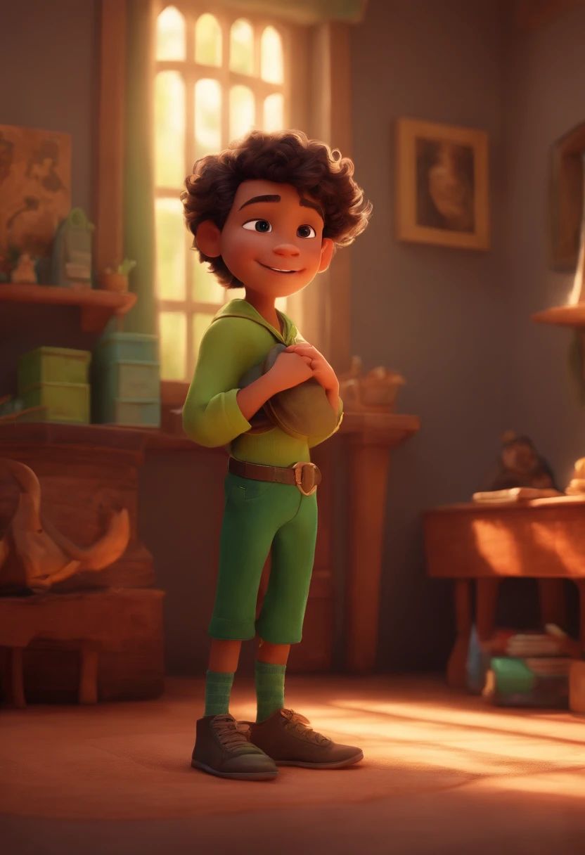 Image of a BOY for a story in a YouTube video in Pixar format, He's the little allabester, He's the class leader, He's outgoing, Playful and gets up for a lot of things, cabelo curto, olhos verdes
