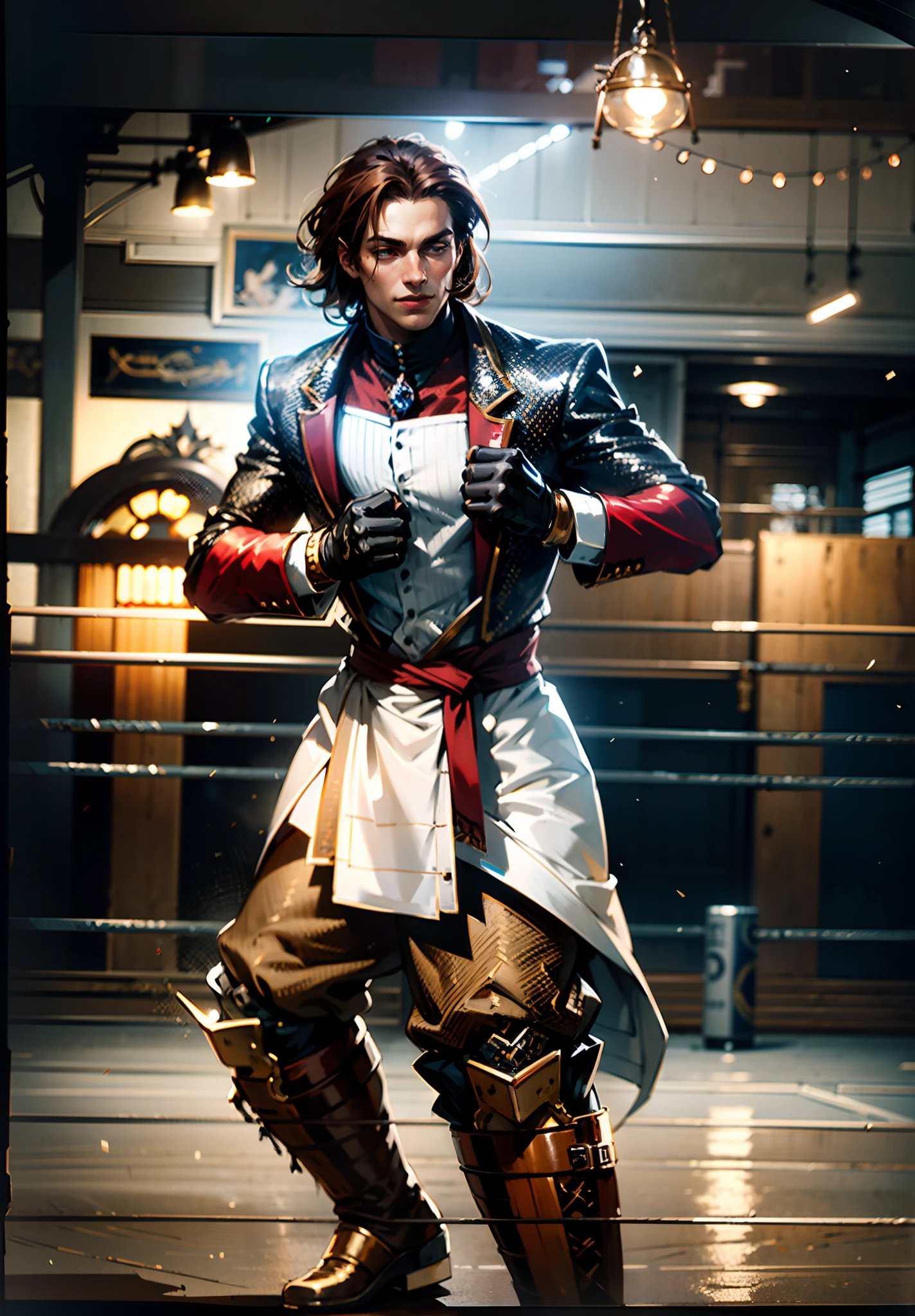 A young man, auburn hair, a center-parted back hairstyle, dark skin, narrow eyes, a cunning smile, a two-piece fantasy-reality style outfit, a white undershirt, a dark formal-style coat, wearing gloves, matching trousers with the outfit, has metallic-adorned knee-high boots, striking a boxing pose, against a background of horizon, this character embodies a finely crafted fantasy-reality style fighter in anime style, characterized by an exquisite and mature manga illustration art style, high definition, best quality, highres, ultra-detailed, ultra-fine painting, extremely delicate, professional, anatomically correct, symmetrical face, extremely detailed eyes and face, high quality eyes, creativity, RAW photo, UHD, 8k, Natural light, cinematic lighting, masterpiece-anatomy-perfect, masterpiece:1.5