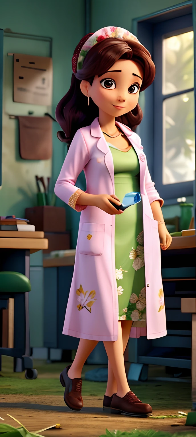Mulher 35 anos em uma floresta linda com flores, dressed in a lab coat and with a syringe in his hand