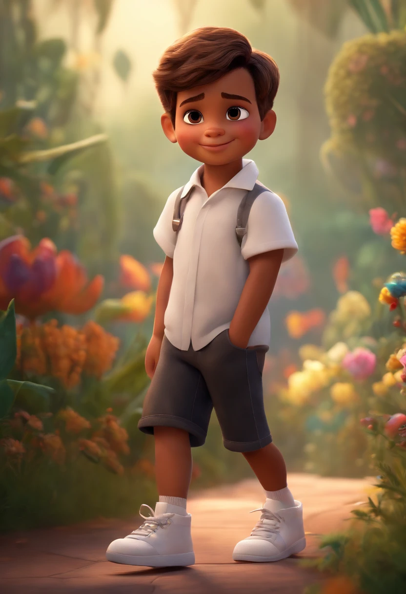 Image of a 4-year-old boy, Pixar format, light brown skin, cropped hair, white blouse, black shorts, white sneakers