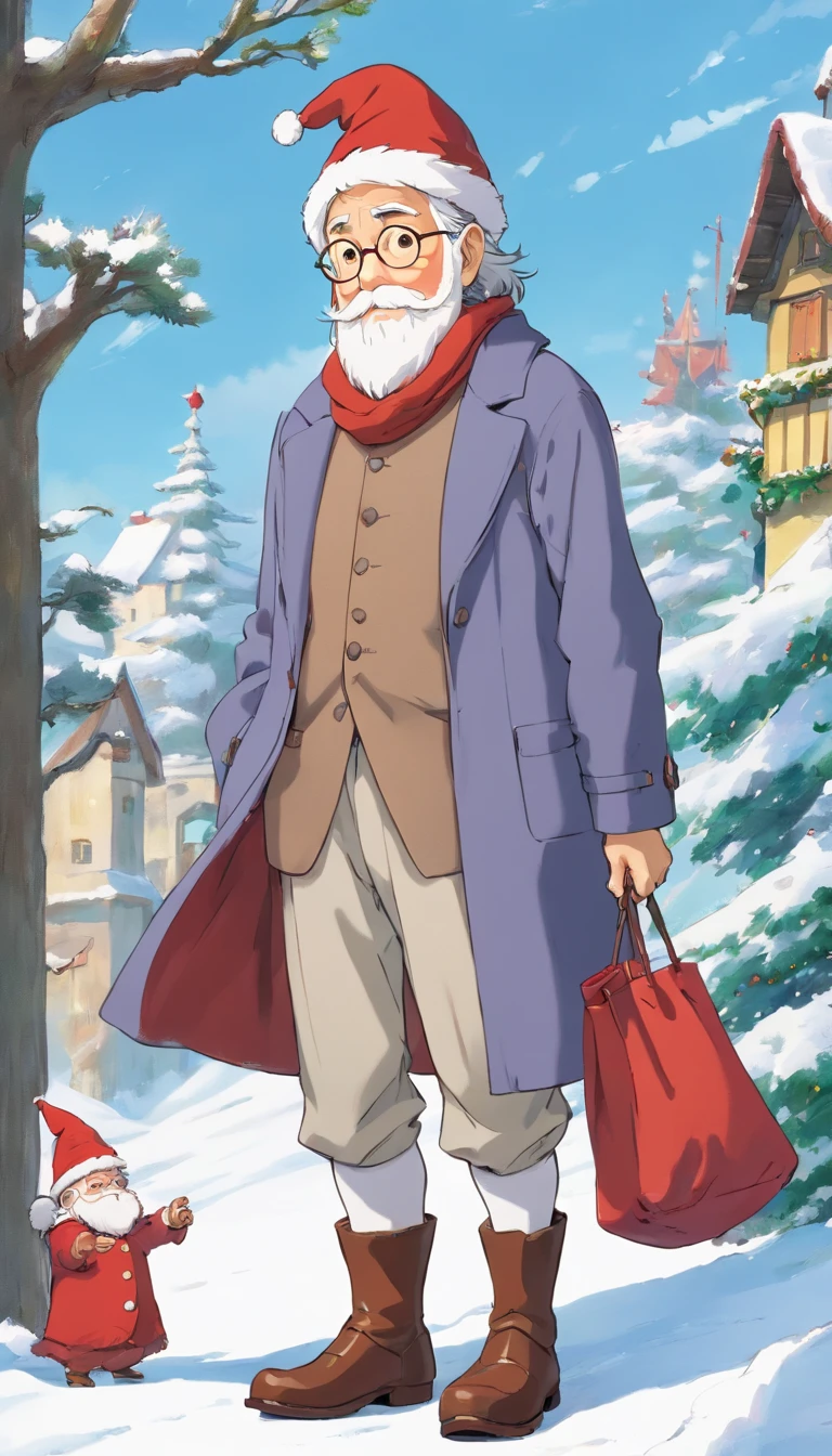 Create an older Christmas elf with various poses and expressions on white background, a long red hat with white polka dots, a long gray beard, gray felt coat, white and gray striped pants, boots and red gloves. Because he is small and chubby, his hat hides his eyes, leaving only his round nose showing. coat without hat, without showing your eyes