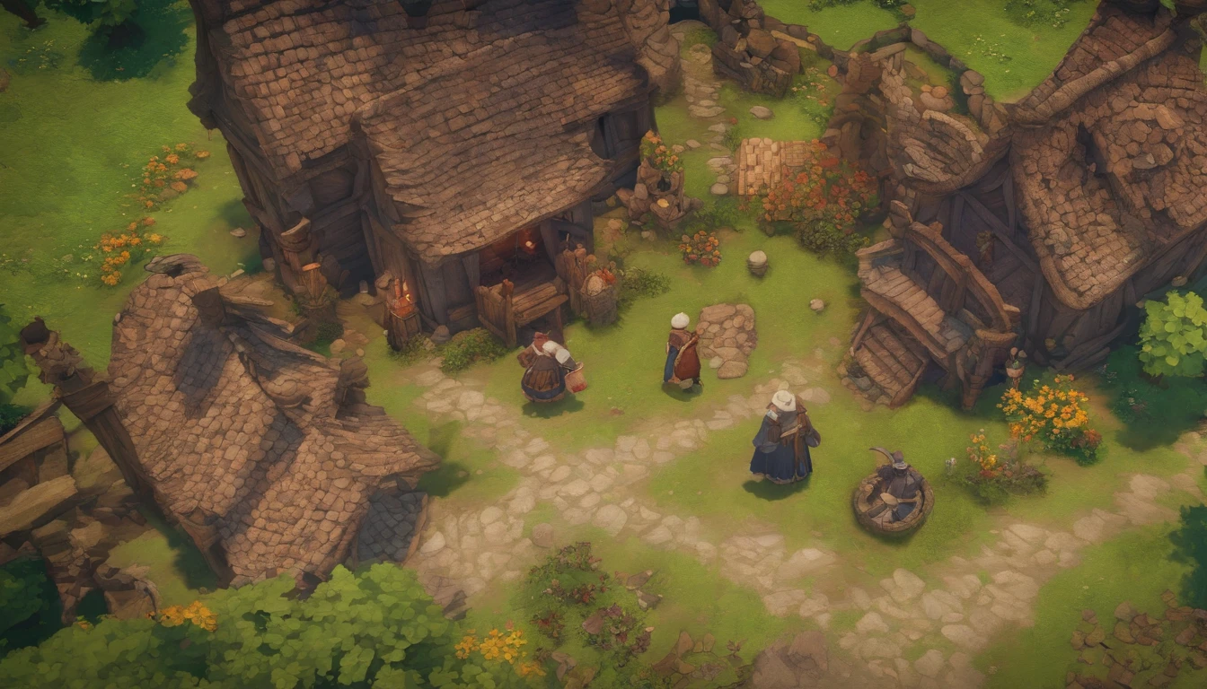Bird's Eye Straight Top-Down Shot from a Drone, Bright Breakfast Tavern Battle Map, Dungeon and Dragon, Final Fantasy, game art, (Coherent architecture and interior, With realistic proportions and textures, Intricate details, handdraw, Vibrant, Cinematic lighting, masutepiece, 8K) A map that fits on the screen