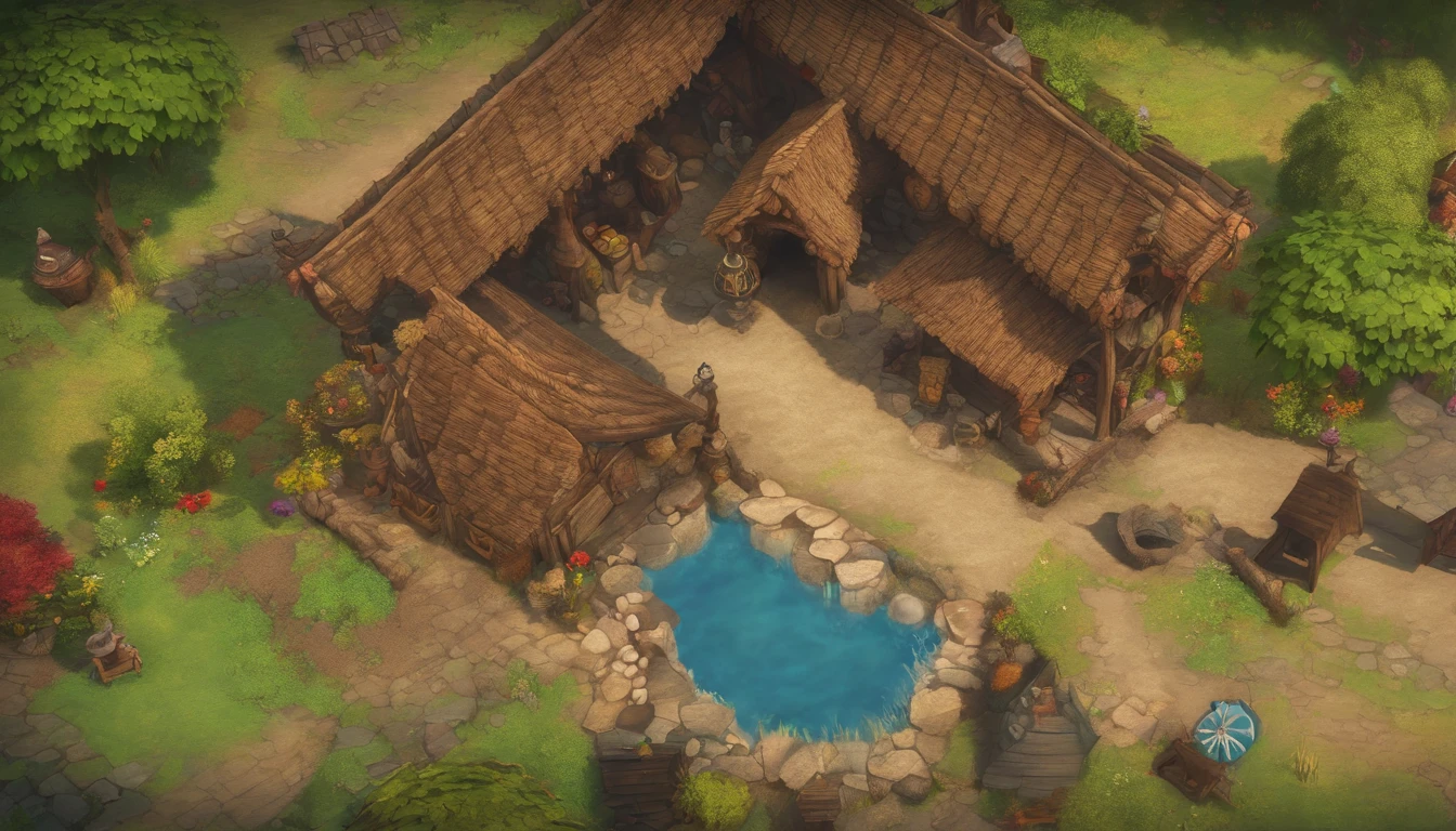 Bird's Eye Straight Top-Down Shot from a Drone, Bright Breakfast Tavern Battle Map, Dungeon and Dragon, Final Fantasy, game art, (Coherent architecture and interior, With realistic proportions and textures, Intricate details, handdraw, Vibrant, Cinematic lighting, masutepiece, 8K) A map that fits on the screen