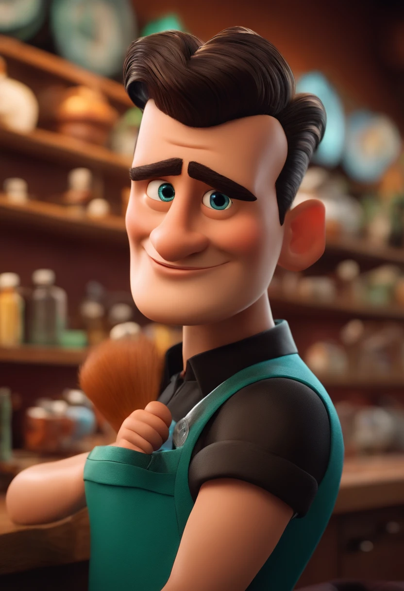 A Dream Barber Inspired by Pixar Animation, de perto. The character takes center stage with captivating facial expressions, oferecendo um toque de irrealidade, Cabelo curto e gordinho gradiente